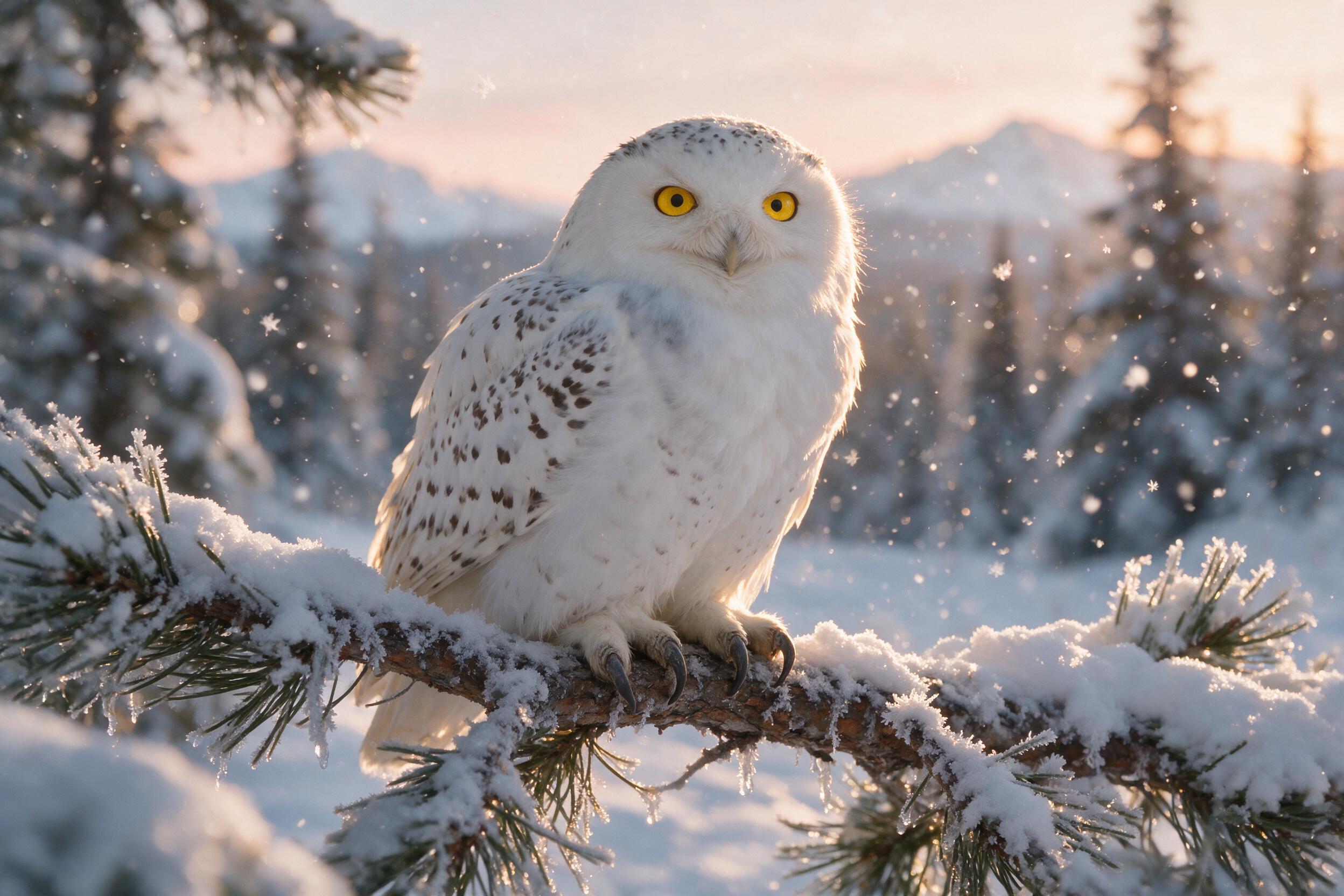 A snowy owl perched on a frost-covered pine branch, its bright yellow eyes glowing in the soft golden light of a winter sunset. Snowflakes falling gently around, blurred background of a snow-covered forest, natural depth of field, slight grain, subtle camera shake.