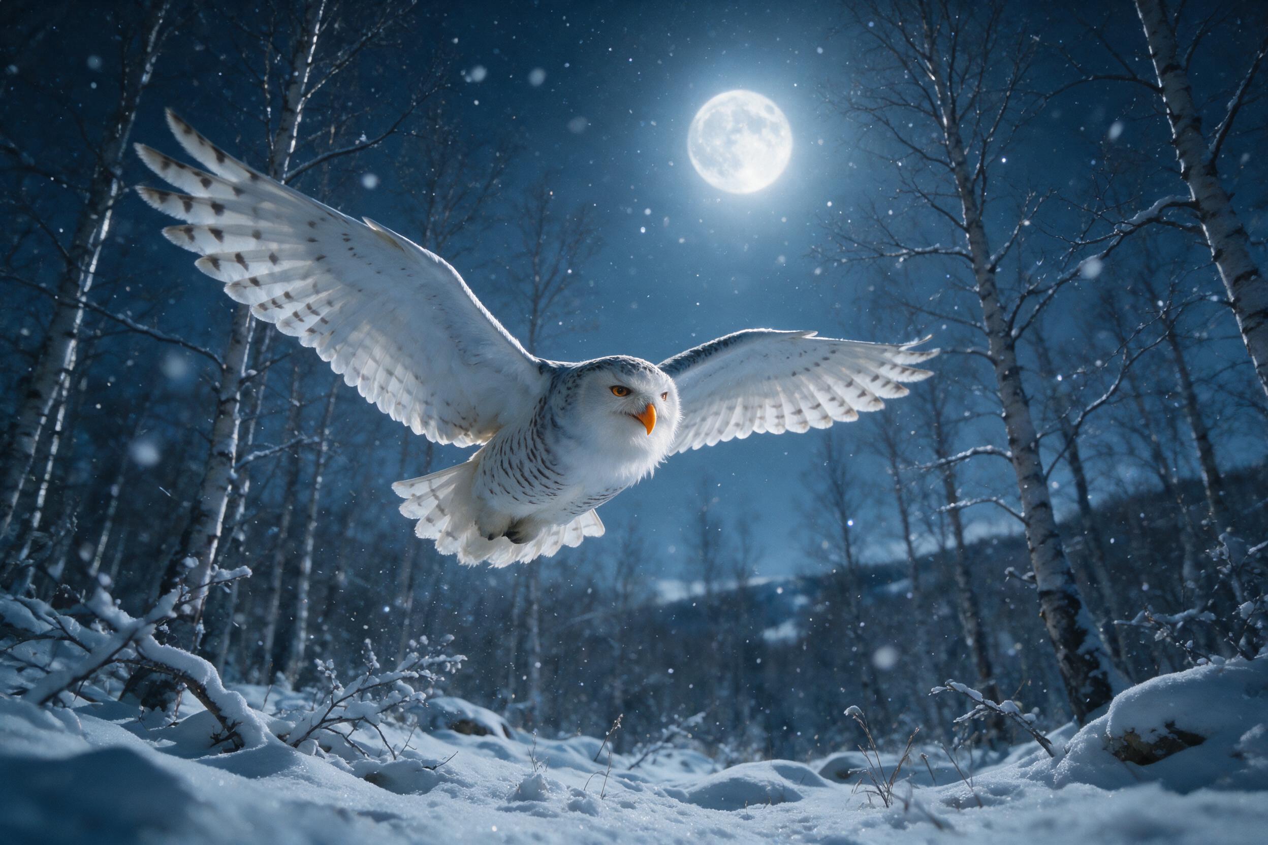 A snowy owl gliding low over a moonlit birch forest, wings spread wide, soft feathers catching pale blue light. Low-angle shot, shallow depth of field, falling snow blurred in background, subtle grain and natural winter atmosphere.