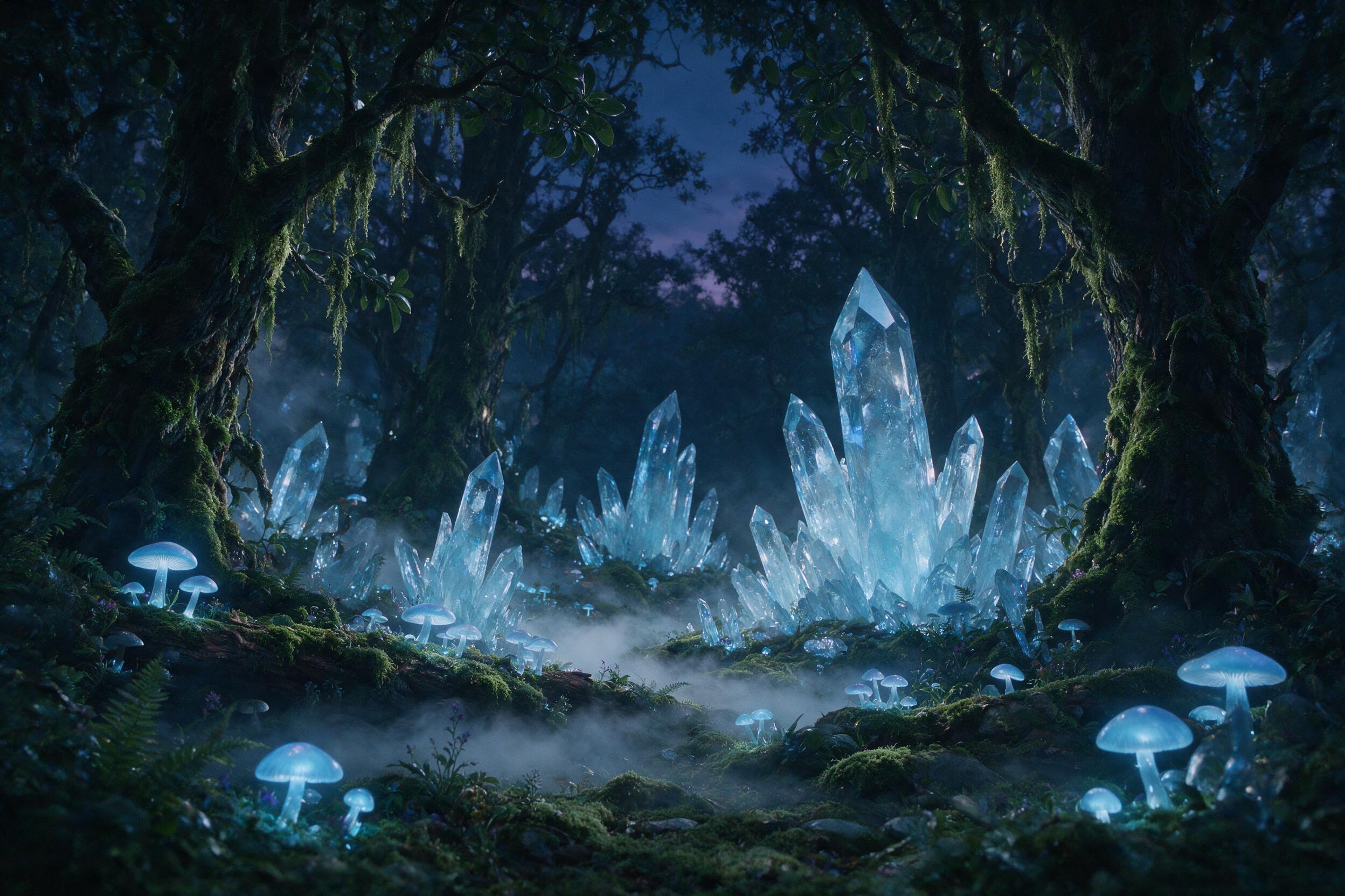 A glowing crystal grove in a twilight forest, bioluminescent mushrooms casting soft blue light, ethereal mist weaving between ancient trees, a lone figure in a flowing cloak stands at the edge, cinematic composition, natural lighting, 35mm film grain