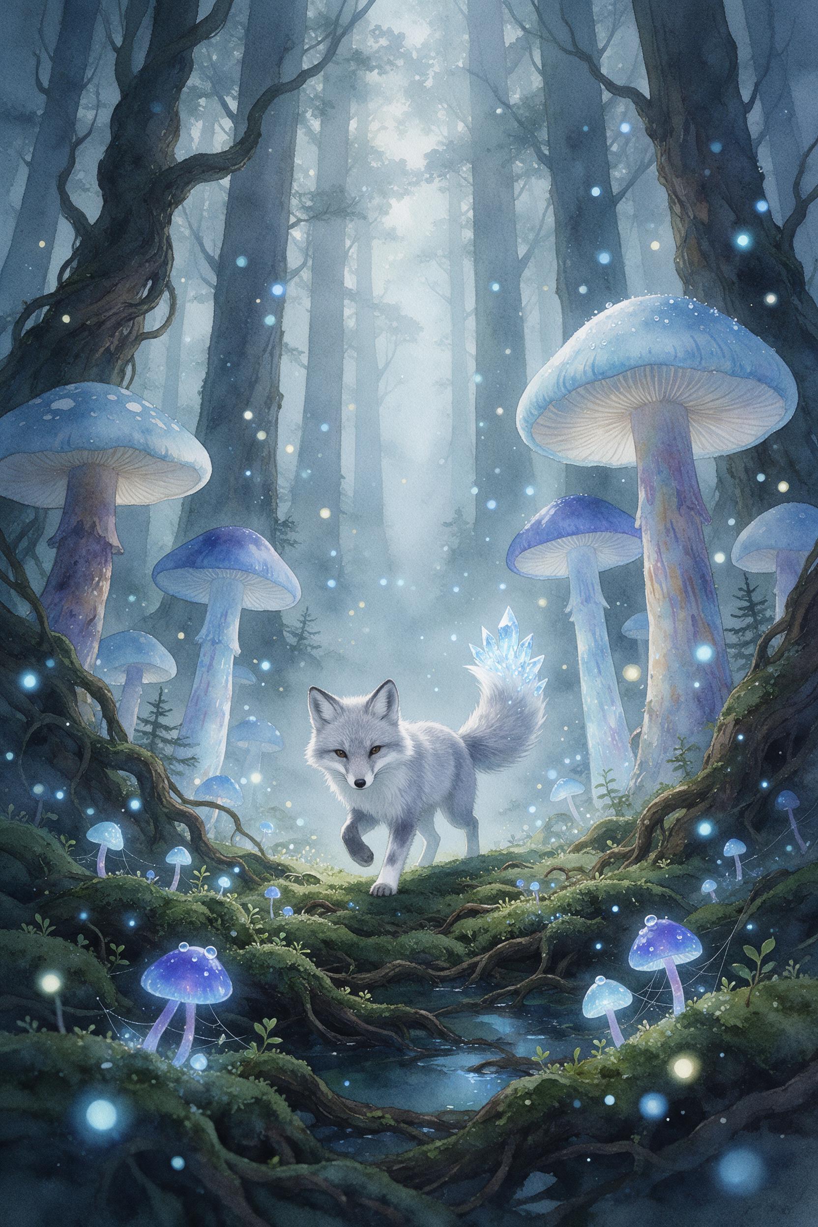 A misty ancient forest with giant glowing mushrooms casting soft blue light, a small silver fox with crystal-tipped tail walking between mossy roots, fireflies swirling, volumetric fog, low-angle composition, ethereal atmosphere, watercolor texture