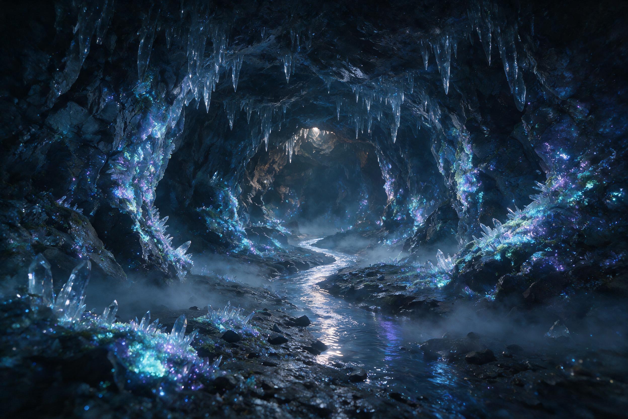 A glowing crystal cave deep underground, bioluminescent moss clinging to jagged walls, a narrow stream of liquid silver winding through the center, soft blue and purple light reflecting off the wet stone, mist swirling at ankle height, shot with a wide-angle lens and warm ambient shadows