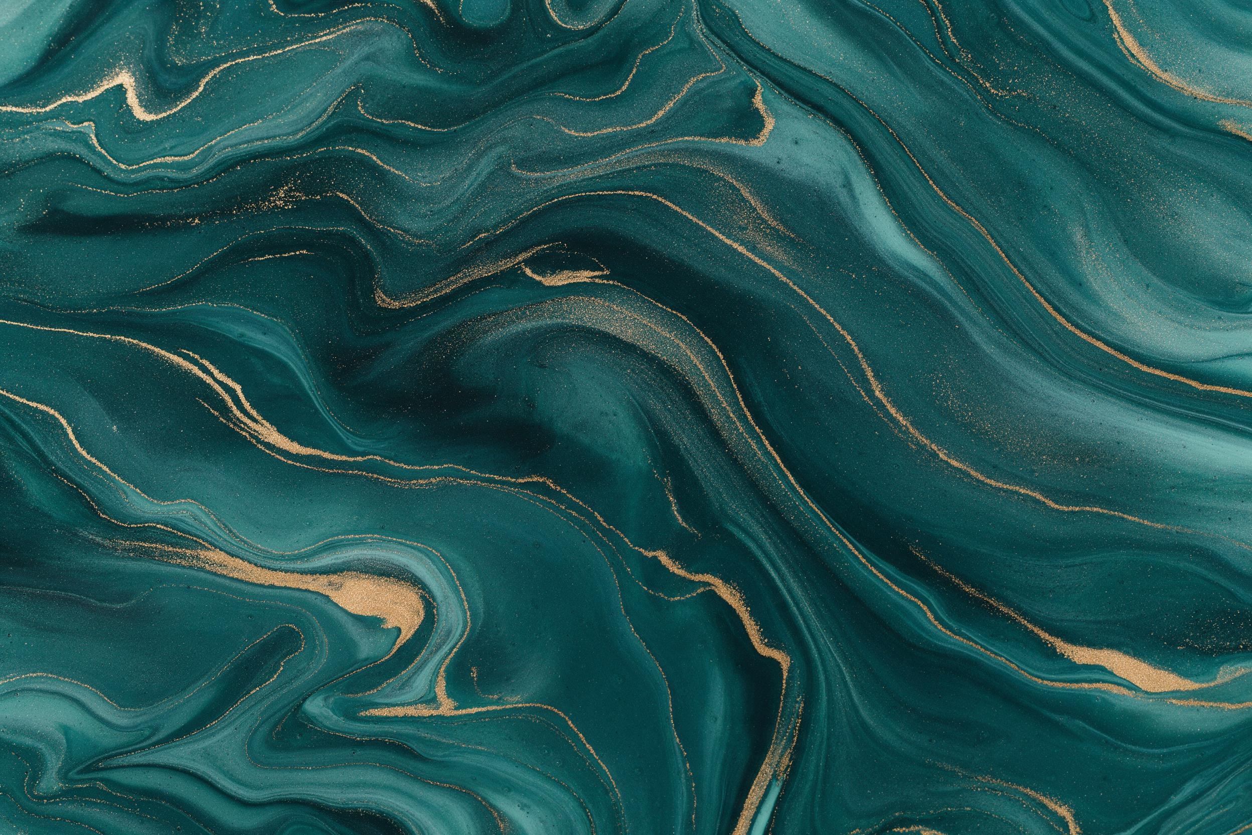Abstract fluid art in deep teal and gold, swirling marble-like patterns with delicate metallic veins, soft diffused lighting, extreme close-up macro view, smooth glossy texture, minimalist composition, elegant and calming, in the style of contemporary resin painting.