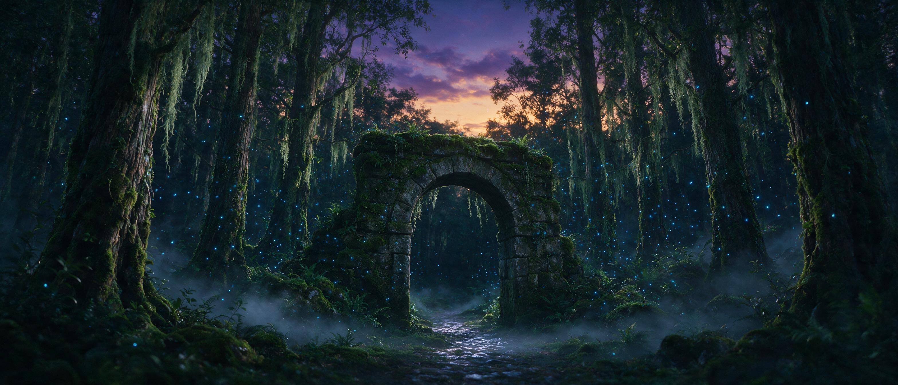 A moss-covered stone archway in an ancient forest, glowing blue fireflies weaving through hanging vines, soft mist curling at the base, a faint silver path leading into the darkness, twilight hues of violet and amber, cinematic wide-angle composition, ethereal atmosphere