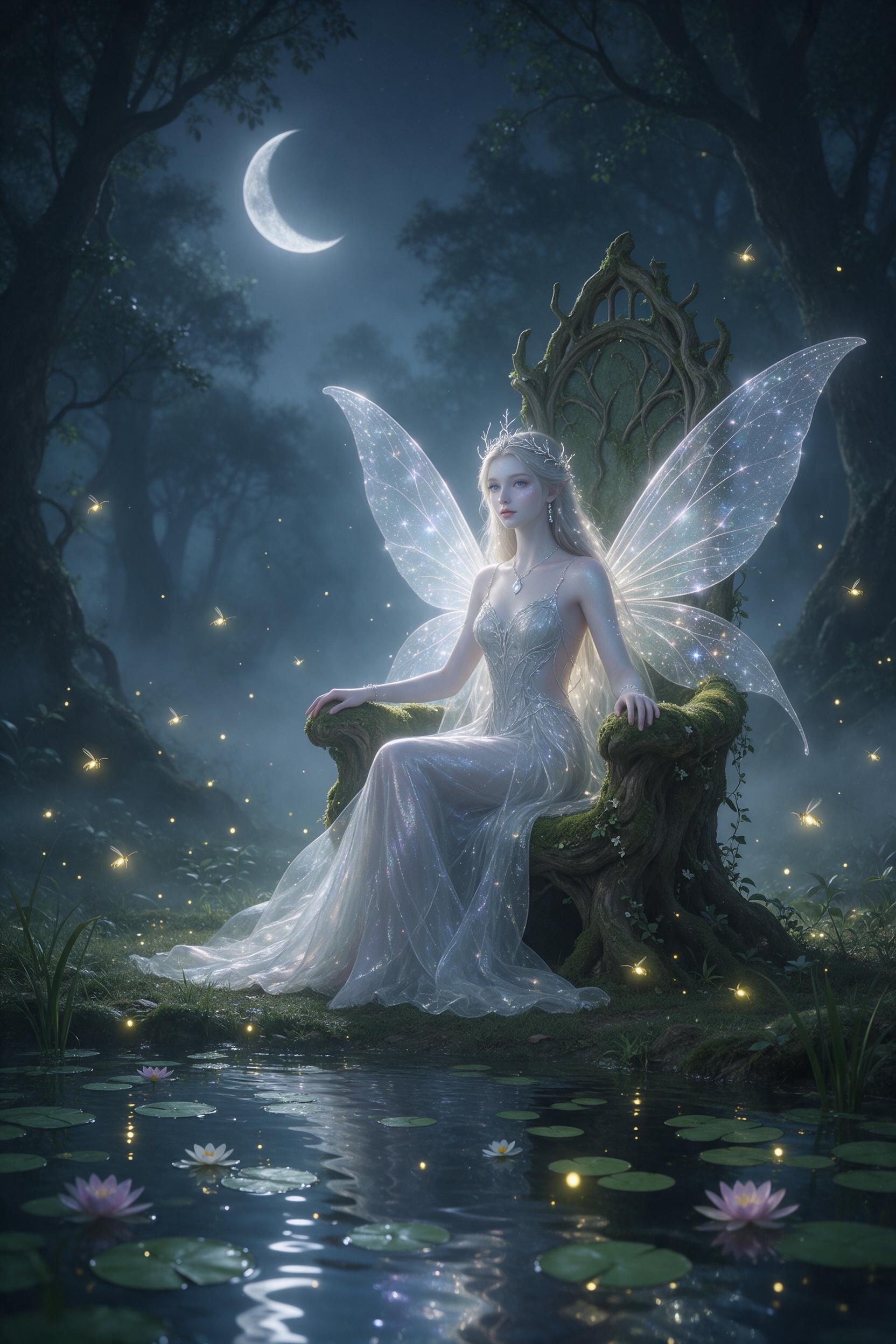 A moonlit forest clearing with a glowing, translucent faerie queen seated on a mossy throne, her wings shimmering with tiny stars, a crescent moon casting soft silver light through misty trees, fireflies floating like living lanterns, gentle water reflection in a nearby pond, ethereal atmosphere, dr