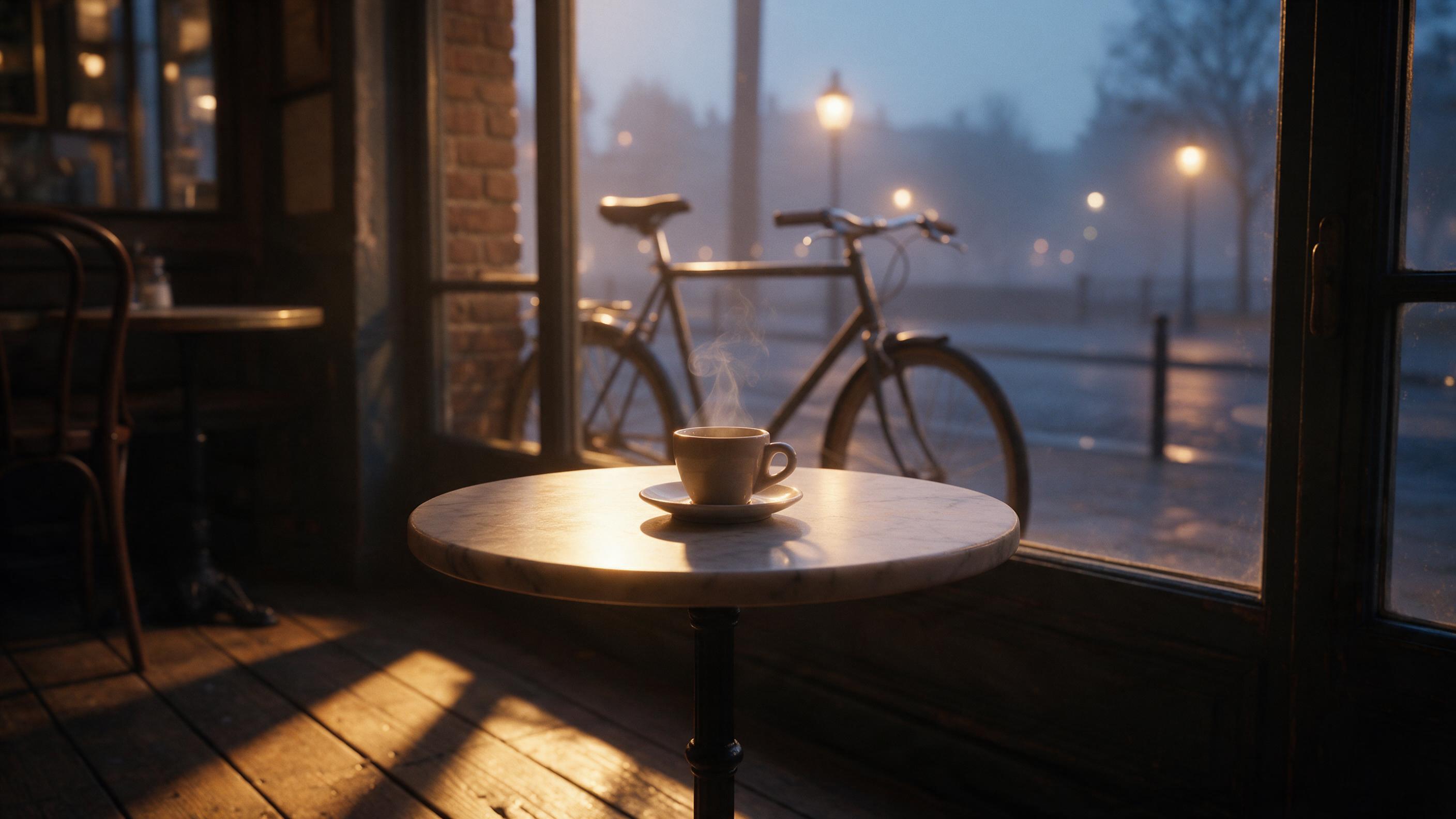 A quiet Parisian café at dawn, steam rising from a ceramic espresso cup on a small round marble table, warm golden light spilling through the window across worn wooden floorboards, a lone bicycle leaning against the brick wall outside, soft bokeh of street lamps in the misty blue background, shallow