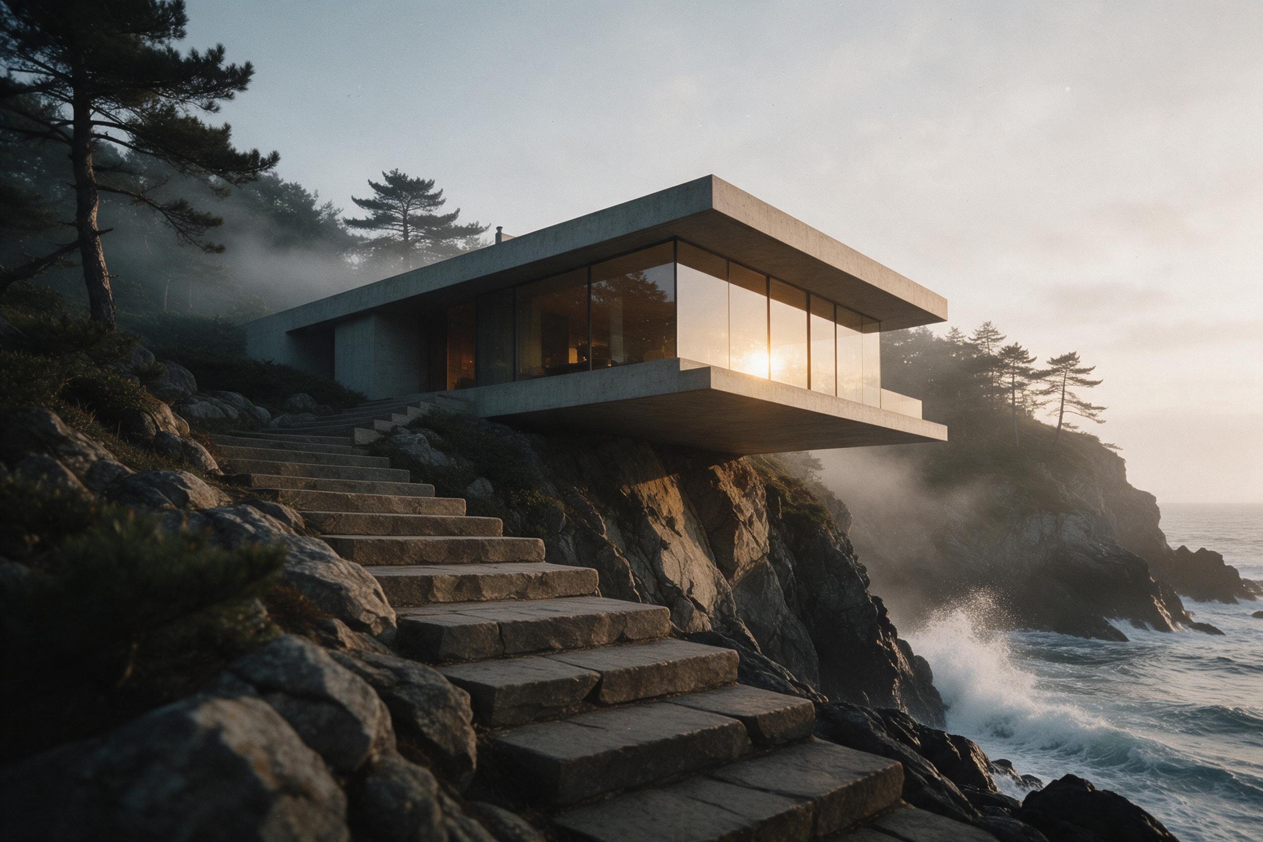 A minimalist concrete house cantilevered over a rocky cliff at golden hour, warm light reflecting off glass walls, ocean waves crashing below, mist rolling through coastal pines, composition with leading stone steps, slight film grain, muted tones
