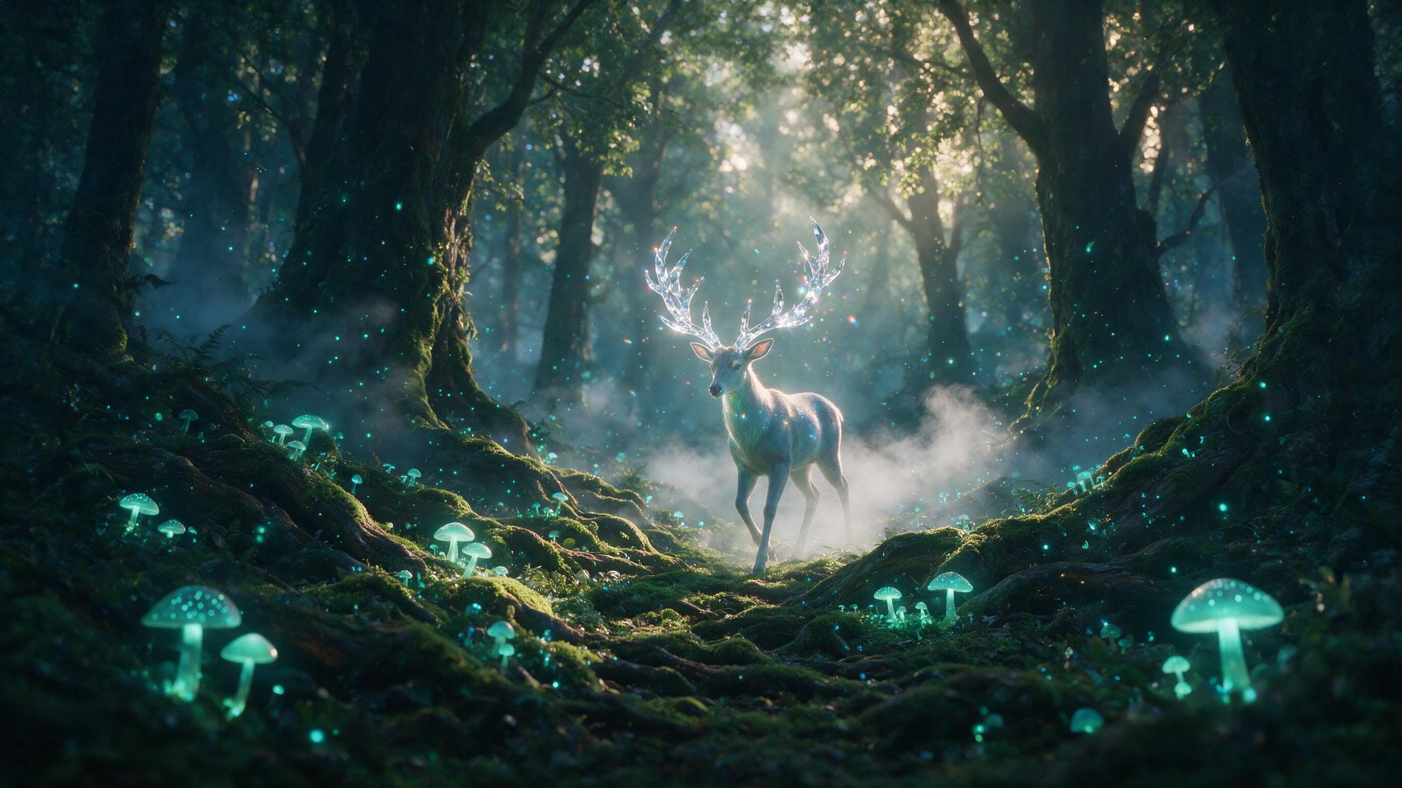 A luminous forest at twilight, bioluminescent mushrooms and floating glowing spores casting soft blue-green light on ancient mossy tree roots, a single ethereal deer with antlers of crystal steps through the mist, shallow depth of field, soft golden hour glow filtering through canopy, dreamlike atmo