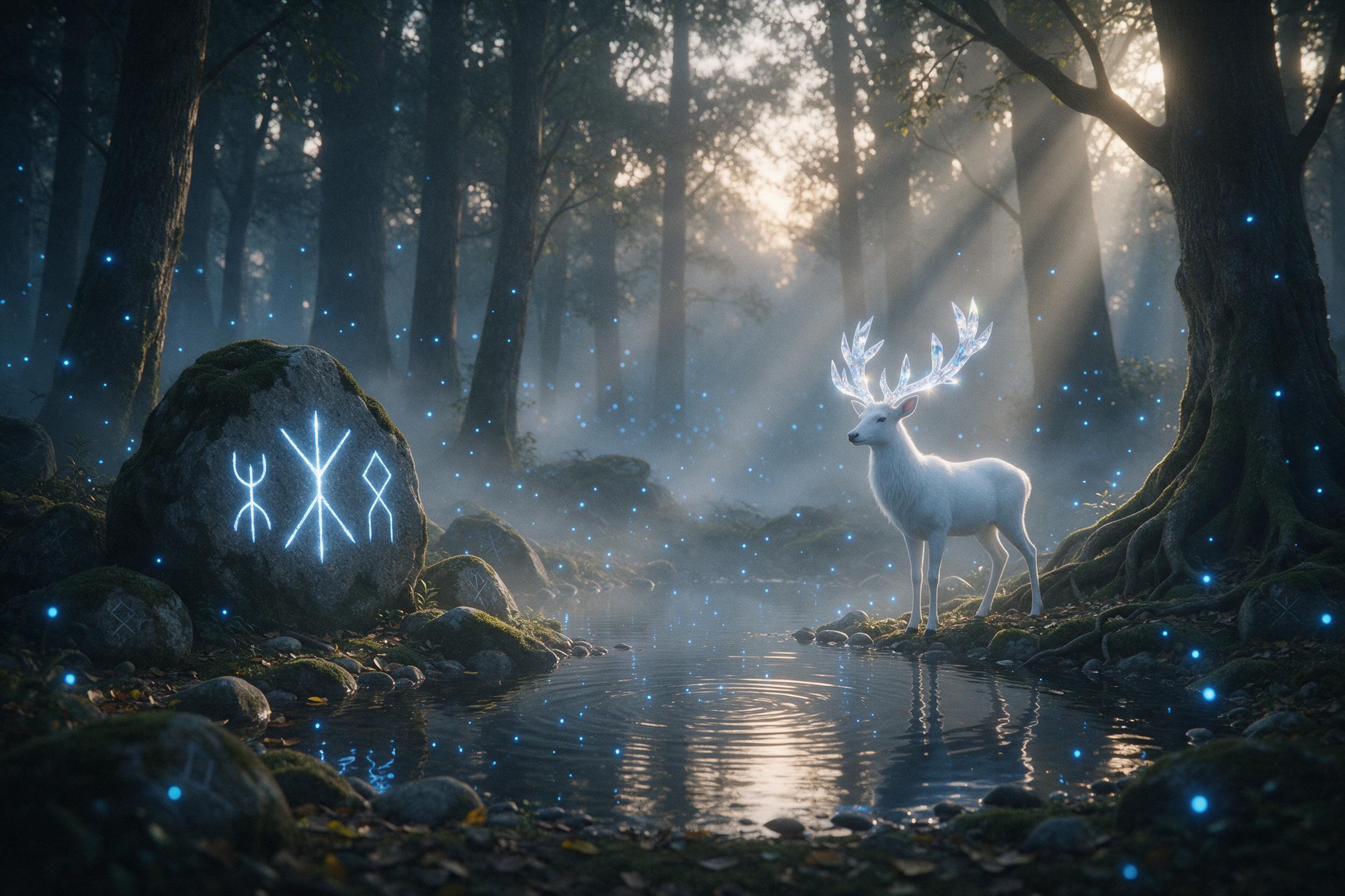 A misty forest clearing at dawn, ancient glowing runes etched on moss-covered stones, ethereal blue fireflies swirling, a lone white stag with antlers of luminescent crystal stands beside a shimmering pond, soft volumetric light rays piercing the canopy, slight grain and gentle vignette for a dreaml