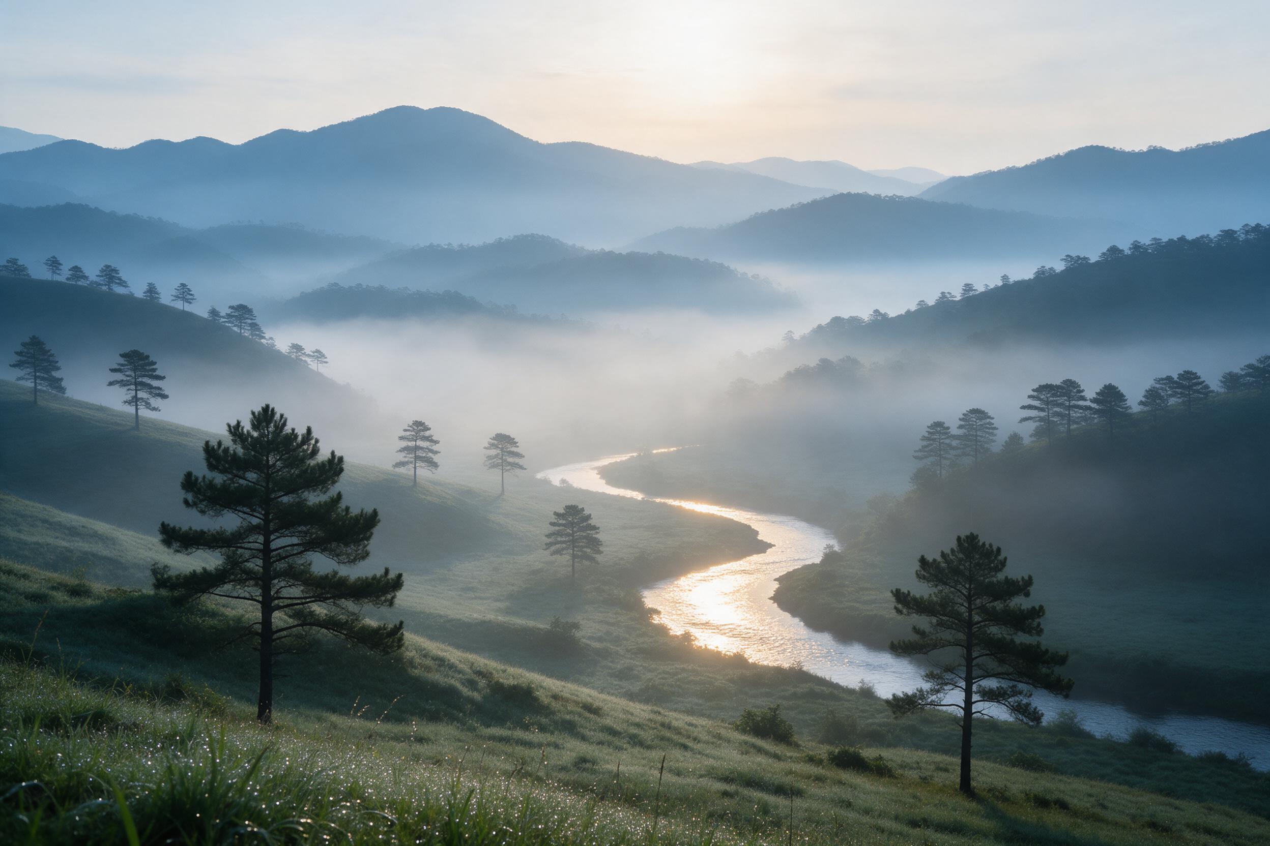 A misty mountain valley at dawn, layered ridges fading into soft blue haze, a winding river catching golden sunlight, scattered pine trees, dew on grass, quiet atmosphere, wide angle composition, gentle morning light.