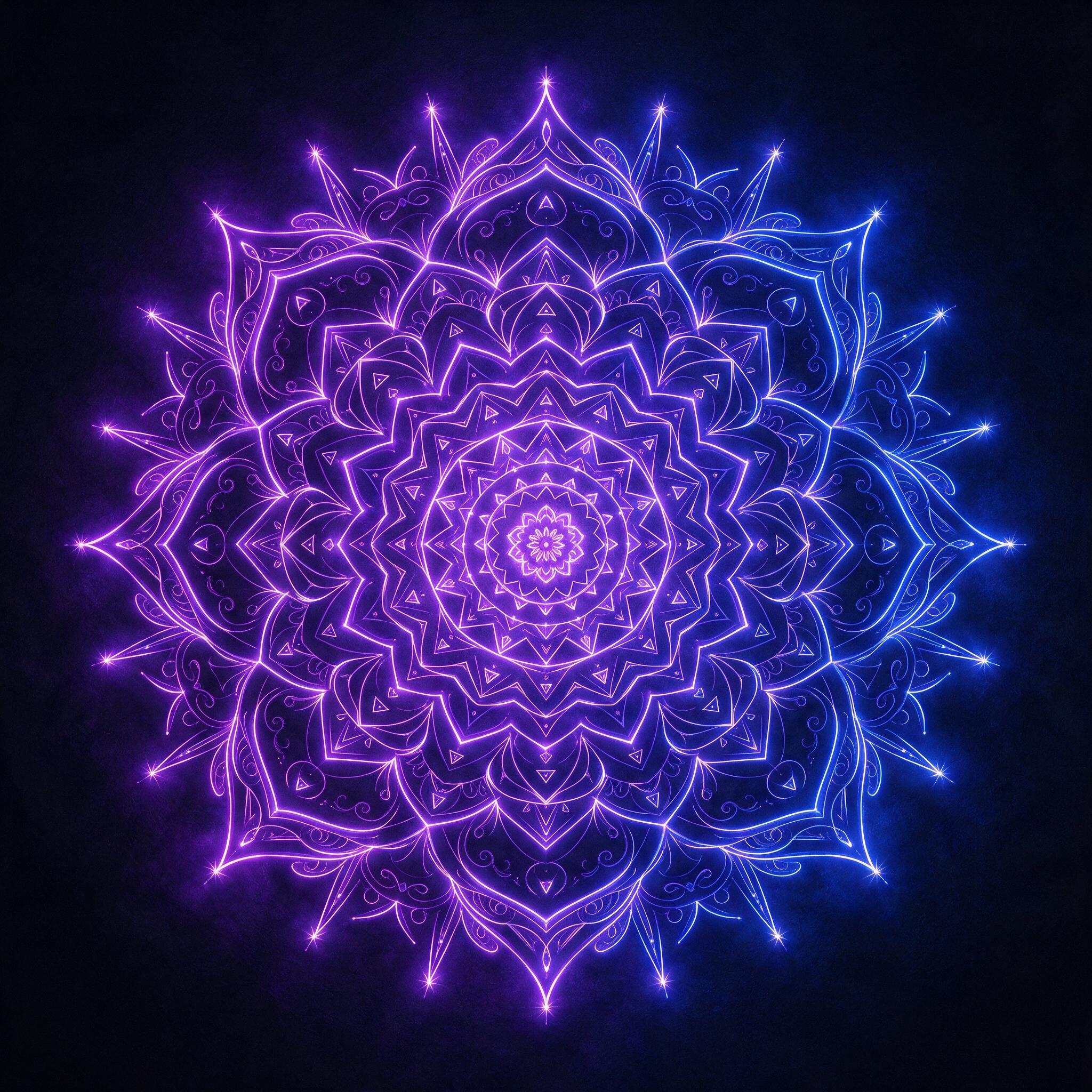 Glowing neon lines on a dark canvas, forming a complex geometric mandala pattern, with subtle gradients shifting from deep purple to electric blue, illuminated by a soft backlight