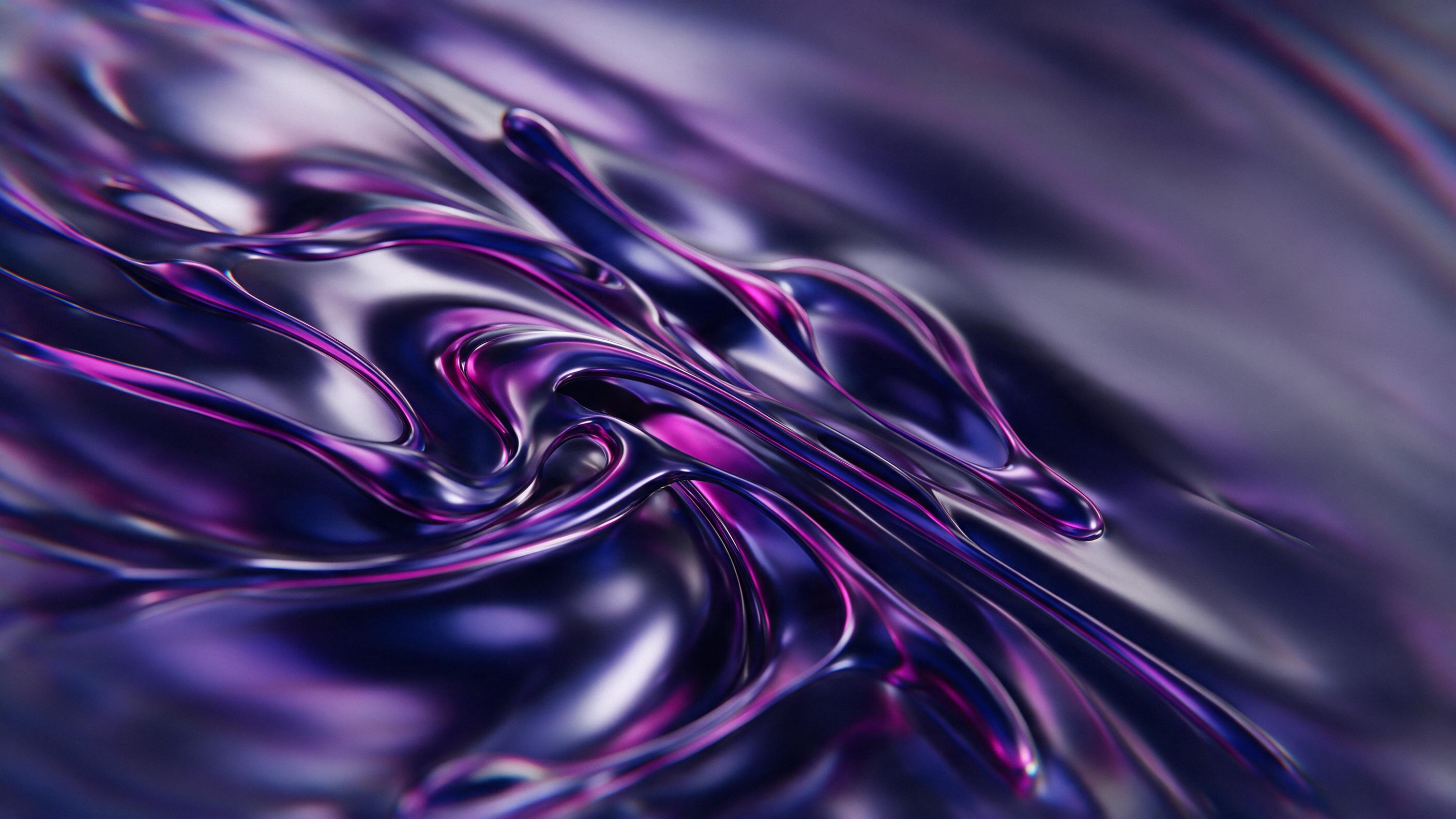 Reflective liquid metal surface swirling with deep indigo and electric magenta, organic fluid shapes overlapping, soft diffused studio lighting, shallow depth of field, ultra-wide angle, slight chromatic aberration at edges, minimalist composition with negative space.