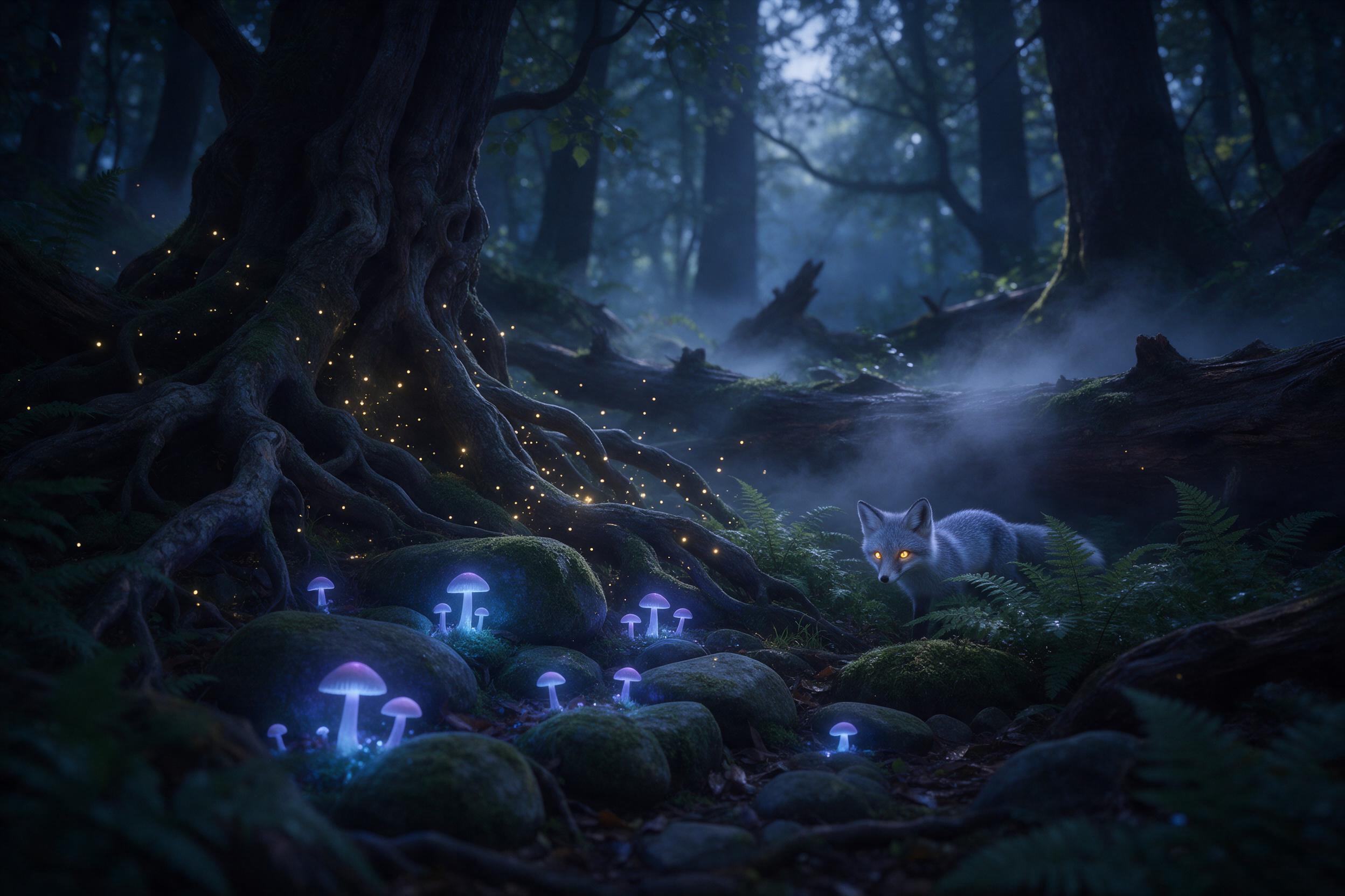 A hidden forest glade at twilight, bioluminescent mushrooms casting soft blue-violet glow on mossy stones, wisps of golden light drifting between ancient gnarled roots, a small silver fox with glowing amber eyes peering from behind ferns, mist curling around fallen logs, soft diffused moonlight filt