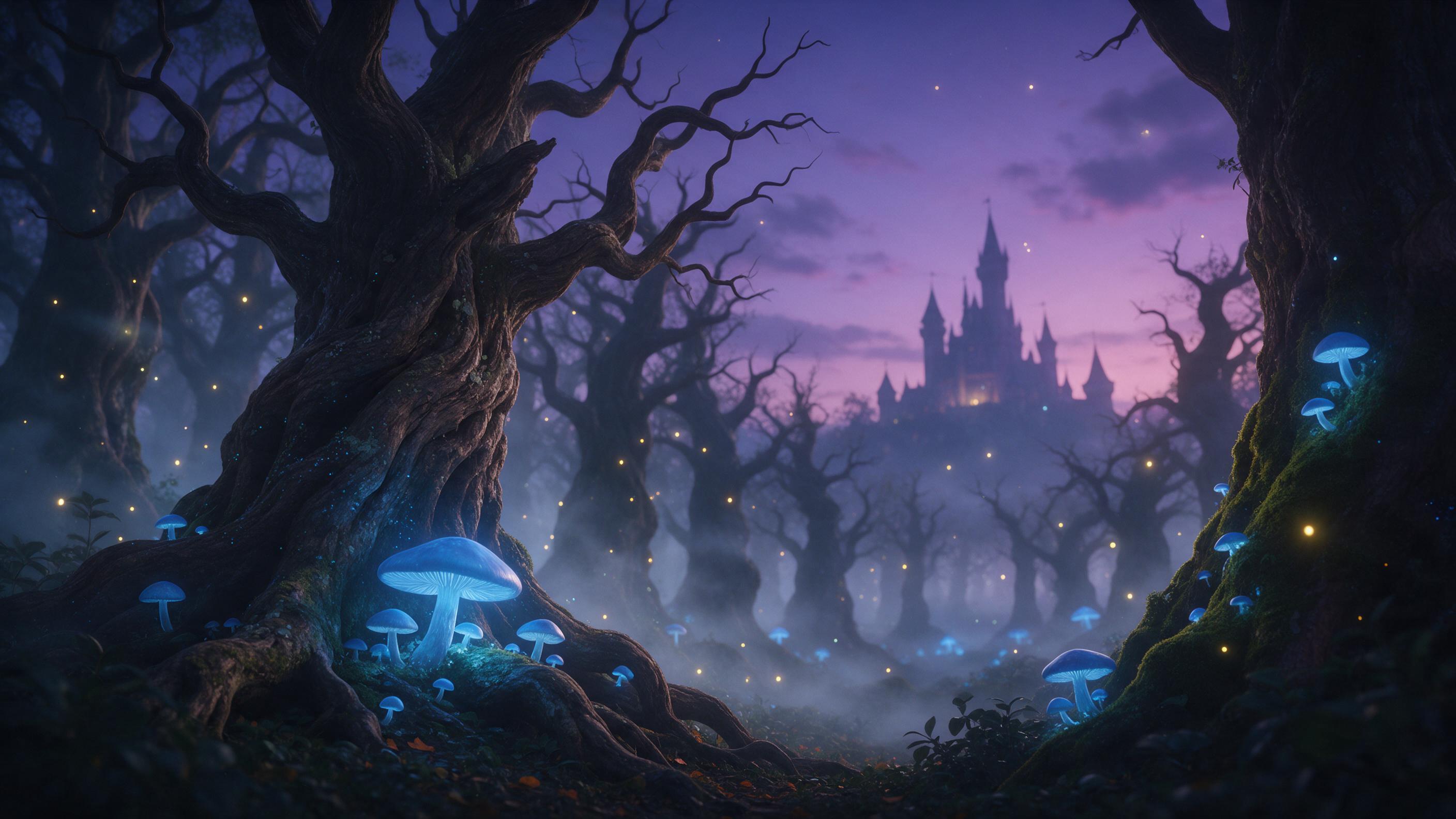 A mystical glowing forest at twilight, ancient twisted trees with luminescent blue mushrooms, ethereal mist weaving between trunks, distant castle silhouetted against violet sky, fireflies dancing, soft volumetric light, cinematic composition