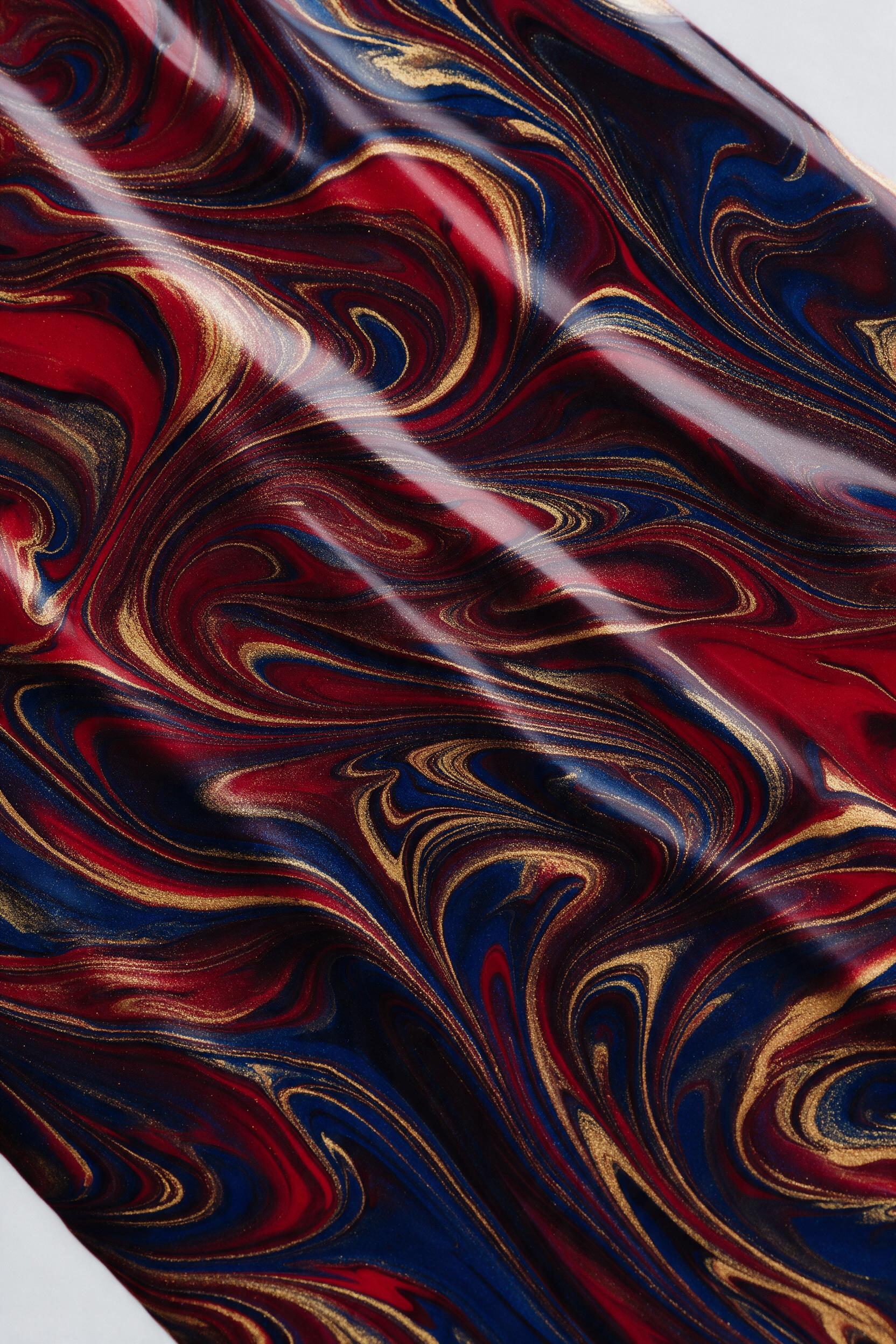 Fluid acrylic pour with metallic gold veins, deep crimson and sapphire swirls, soft studio light from upper left, glossy surface with gentle ripples, minimal white background, macro lens view, high contrast, no text, sharp focus.