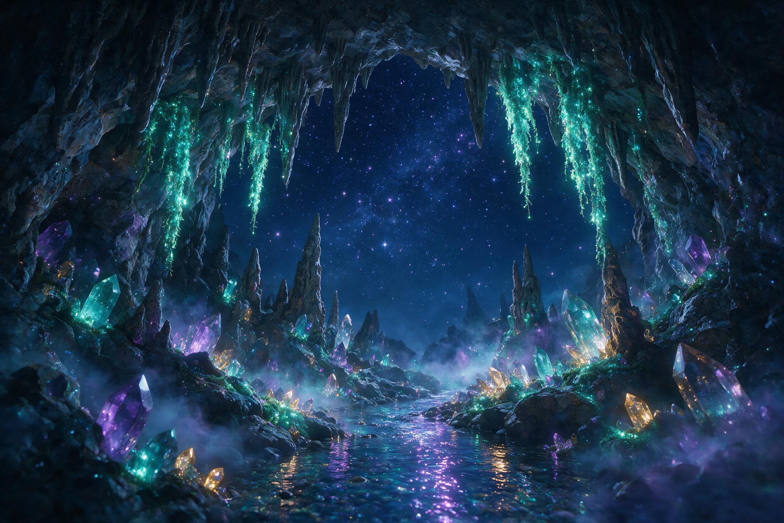 A glowing crystal cavern beneath a starry night sky, bioluminescent moss drips from jagged stalactites, a small stream reflects violet and teal light, ethereal mist swirls near the ground, composition with a low angle view, soft magical radiance from the crystals, no people, no modern elements.