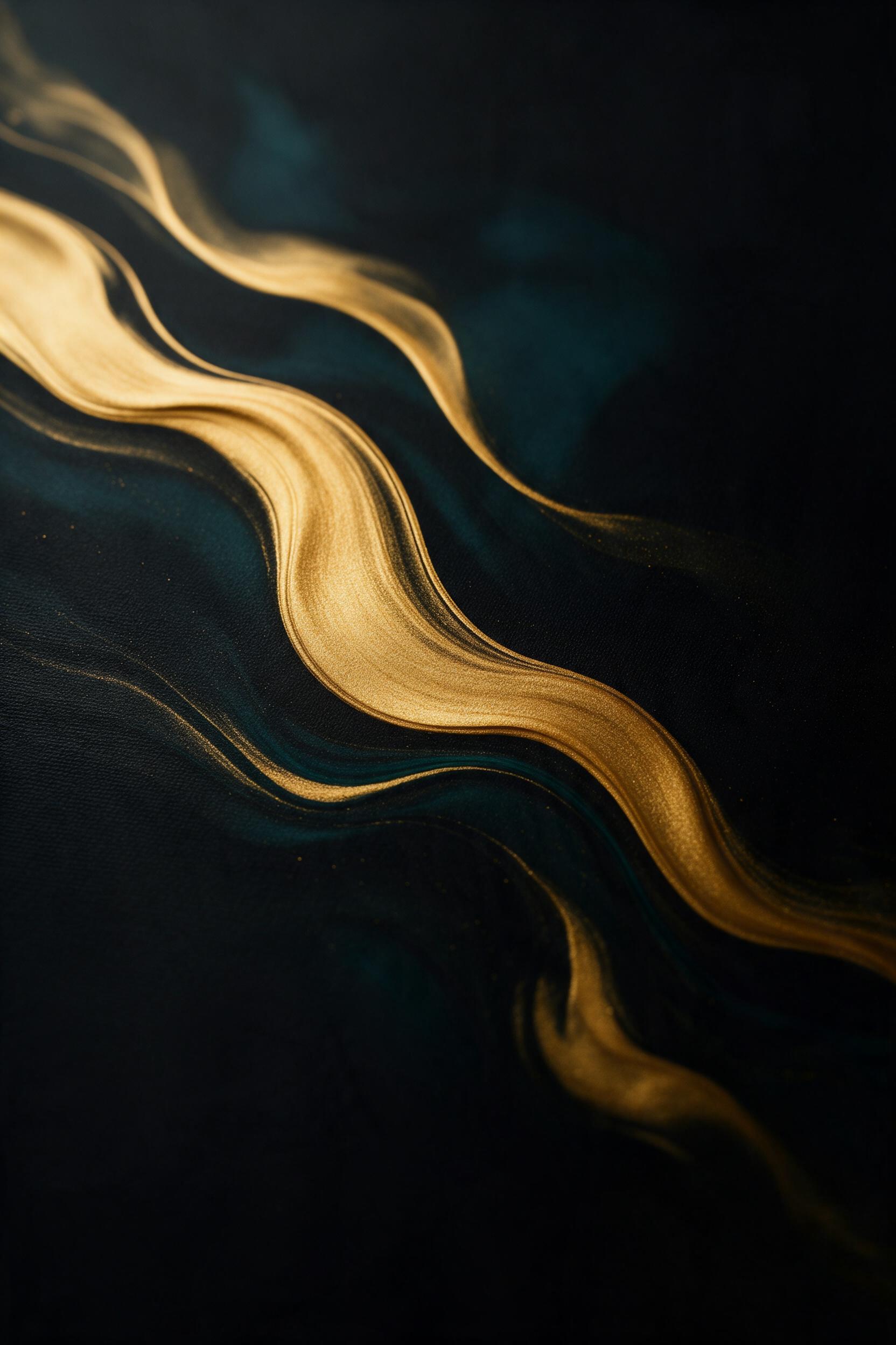 Abstract fluid art, swirling ribbons of molten gold and deep teal colliding on a black canvas, soft matte texture, dramatic chiaroscuro lighting from upper left, macro lens perspective, elegant minimal composition with negative space, no text or symbols