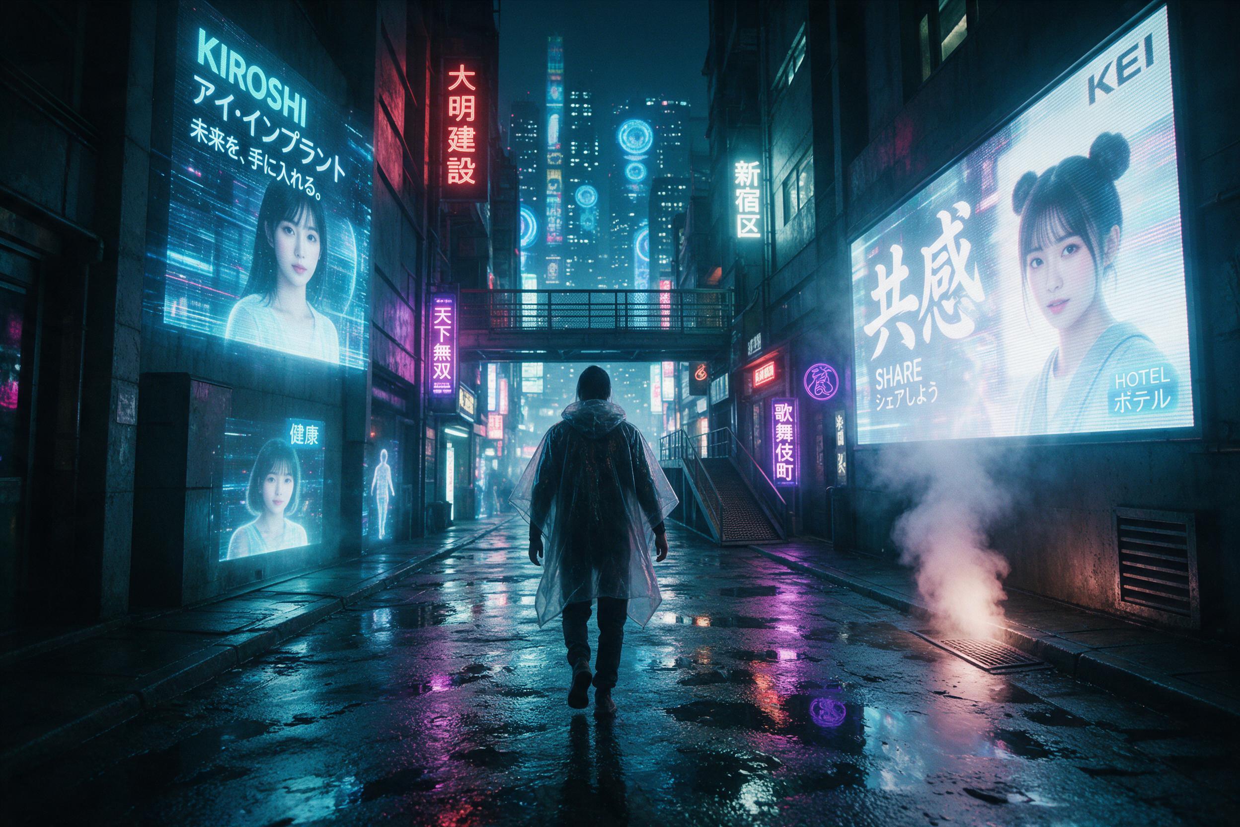 A rain-slicked neon alley in a sprawling cyberpunk city, holographic advertisements flicker on wet concrete walls, steam rises from a vent, a lone figure in a translucent poncho walks away, cyan and magenta glow reflecting in puddles, slight motion blur, overcast ambient light, cinematic composition