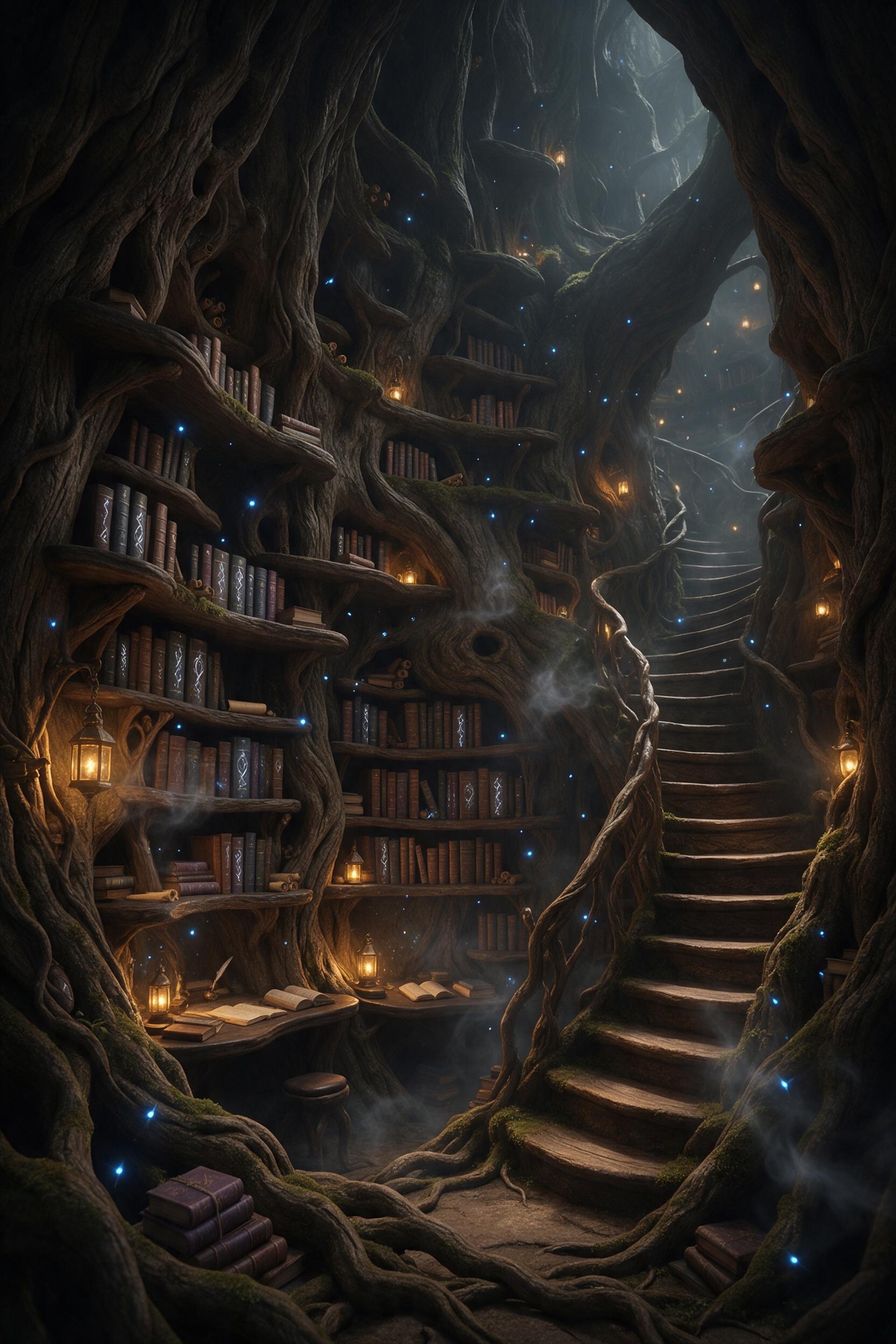 A hidden enchanted library inside a massive ancient tree, glowing blue fireflies drifting between floating shelves, warm golden lantern light spilling onto mossy roots, books with shimmering silver runes, wisps of pale mist weaving through the air, a narrow spiral staircase carved into the trunk lea