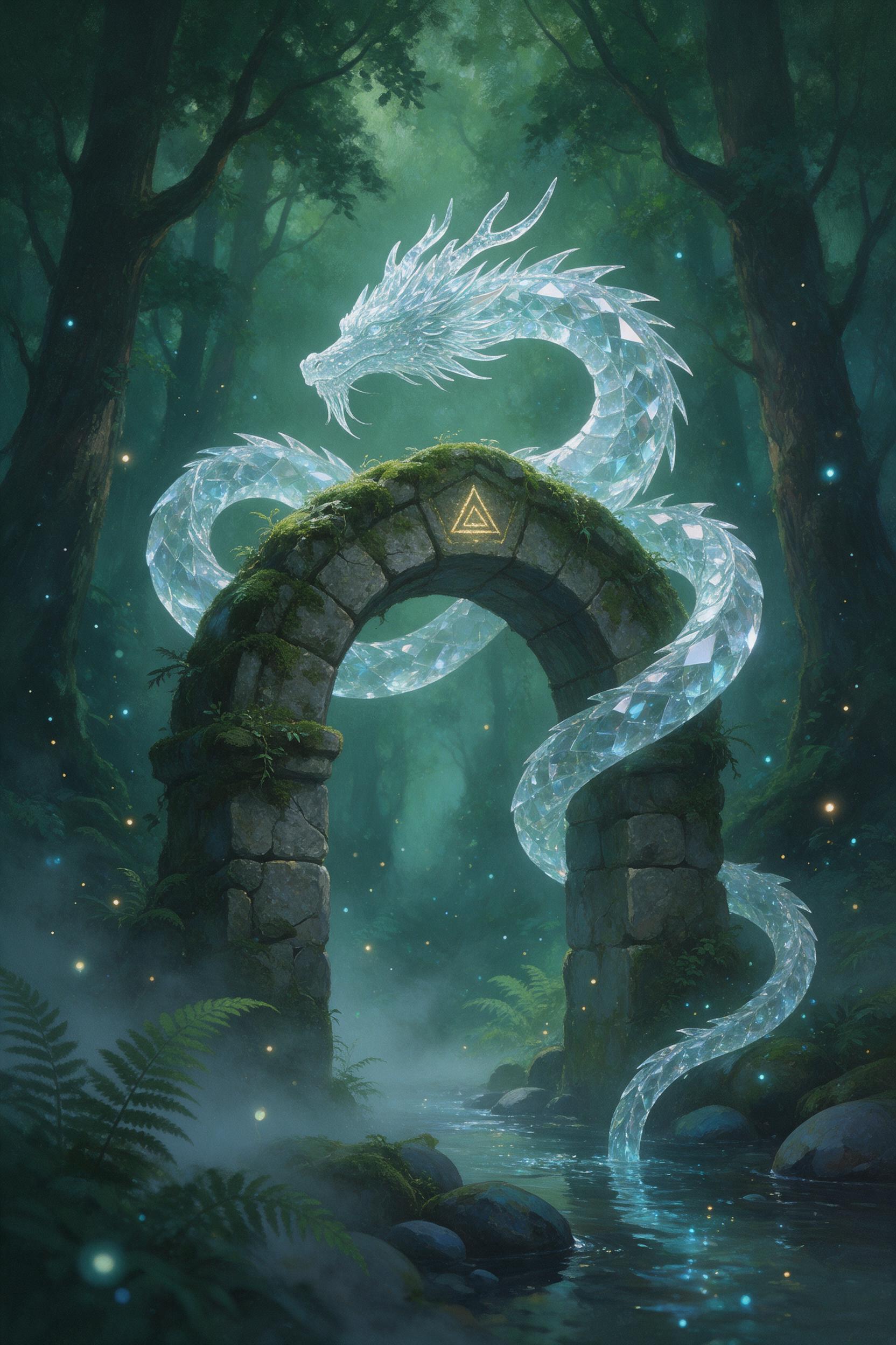 A glowing crystal dragon coiled around a moss-covered stone arch in an ancient forest, bioluminescent spores drifting through dim emerald light, mist curling over ferns, a small stream reflecting tiny sparkles, soft depth of field, dreamy atmosphere, no humans, subtle painterly texture.