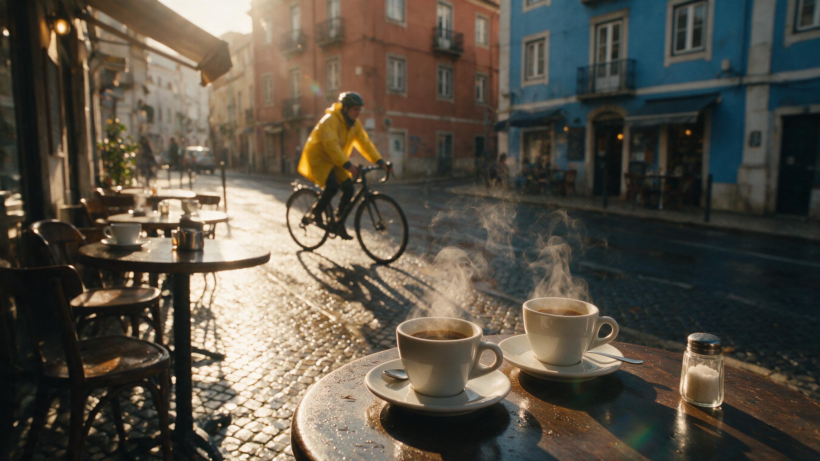 Morning street café in Lisbon, warm low-angle sunlight casting long shadows, cobblestone street glistening after rain, steam rising from espresso cups, a cyclist in yellow raincoat passing, muted terracotta and azure building facades, shallow depth of field, slight lens flare