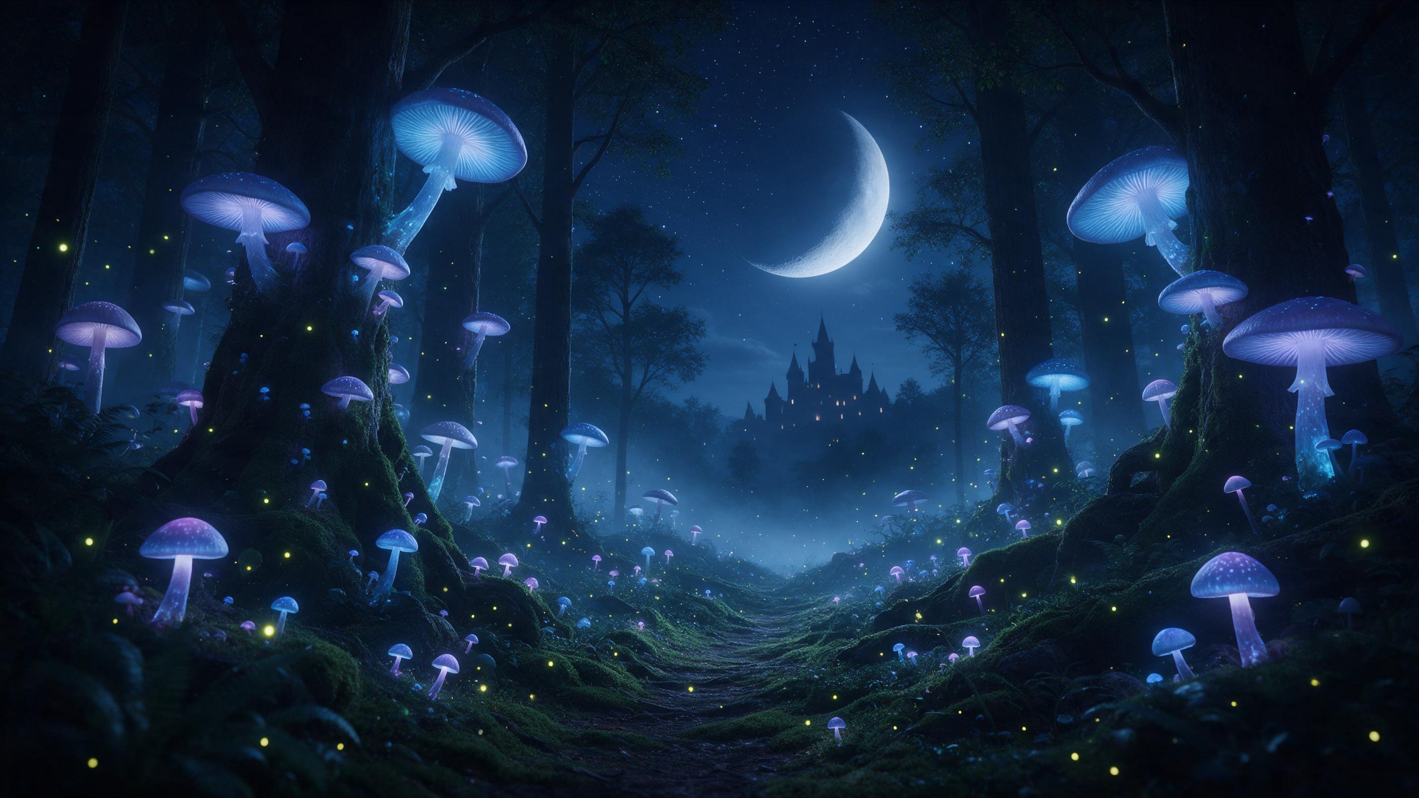 A moonlit ancient forest with towering bioluminescent mushrooms casting soft blue and purple light on a winding moss-covered path, fireflies drifting in the air, gentle mist between trees, in the distance a silhouette of a castle with glowing windows, night sky filled with stars and a large crescent