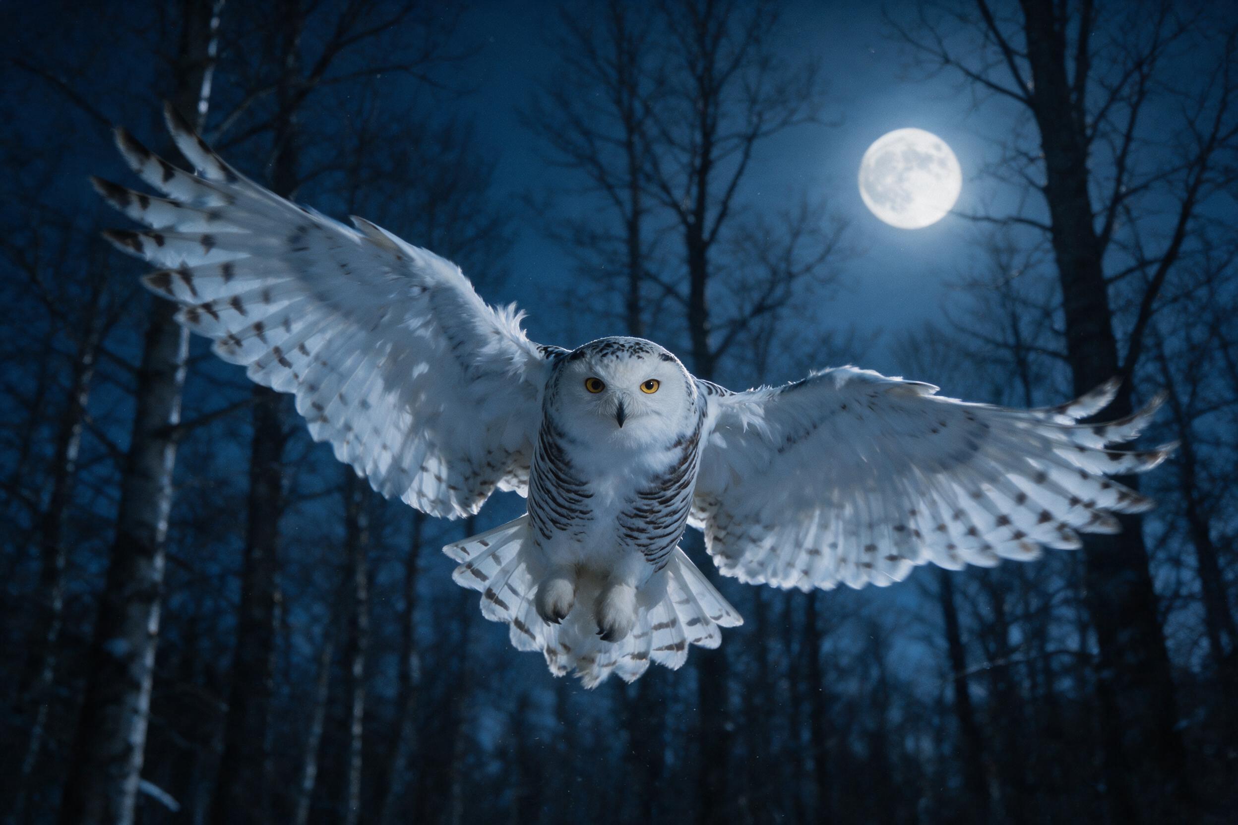 A close-up portrait of a snowy owl in mid-flight against a moonlit winter sky, its wings fully spread, feathers ruffled by the wind, soft moonlight casting a cool blue glow, subtle grain and slight motion blur, background a silent forest of bare trees, natural lighting.