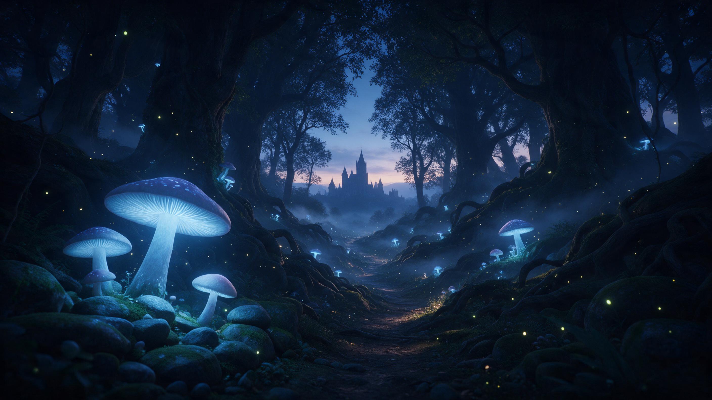 An ancient forest at twilight, colossal glowing mushrooms casting soft blue light on mossy stones, a winding path leading to a distant castle silhouette, mist weaving between gnarled tree roots, gentle fireflies sparkling in the air, deep shadows and ethereal luminescence, cinematic composition with