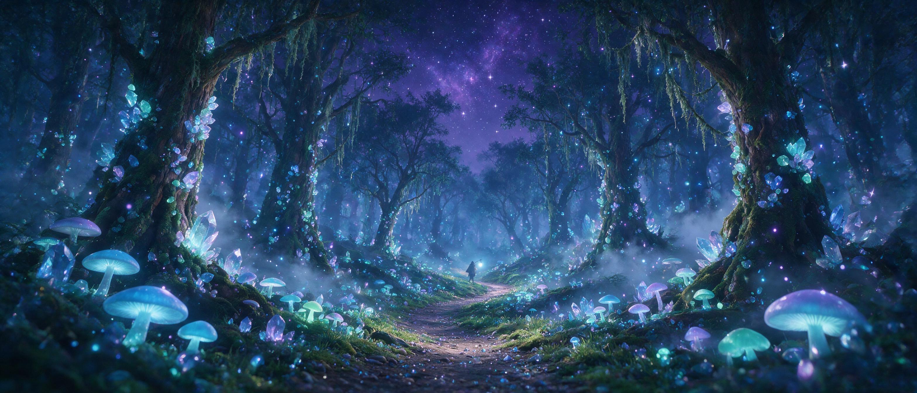 A glowing crystal forest under a violet night sky, bioluminescent mushrooms and floating spores, a small cloaked figure with a lantern walking a winding path, mist weaving between ancient trees, soft blue and purple light, cinematic composition, gentle bokeh, ethereal atmosphere