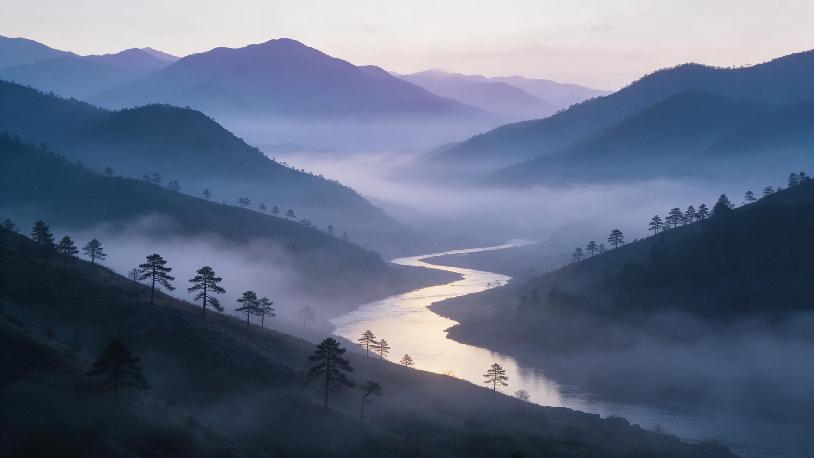A misty mountain valley at dawn, with layered ridges in cool blue and purple tones, a winding river reflecting the soft gold of first light, scattered pine trees on the slopes, light fog curling low, wide-angle composition