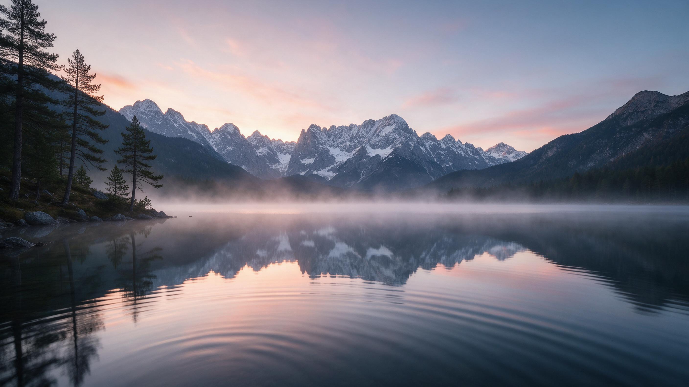 A serene alpine lake at dawn, mirror-still water reflecting jagged snow-capped peaks, soft pink and orange light spilling over the horizon, a thin layer of mist hovering above the surface, scattered pine trees framing the left edge, long exposure smoothness with subtle water ripples, wide-angle comp