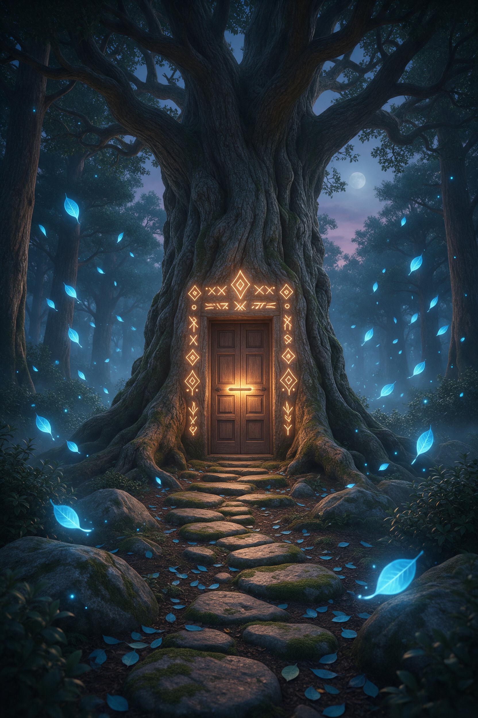 An ancient forest clearing bathed in twilight, where a colossal, ancient tree sheds glowing blue leaves that drift upward like fireflies. A winding path of mossy stones leads to a wooden door embedded in the trunk, its frame carved with symbols that softly pulse with amber light. The scene is envelo