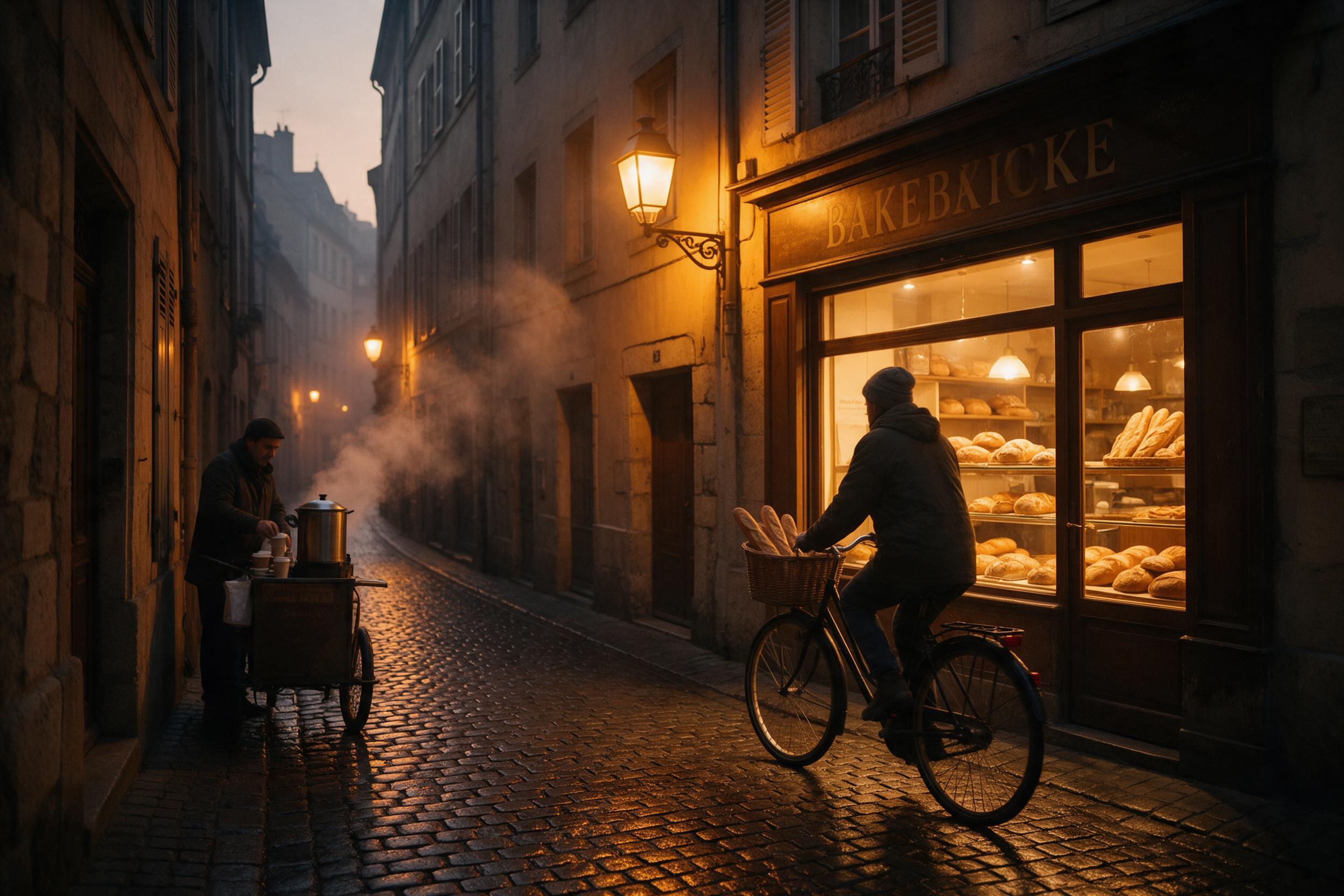 A narrow cobblestone alley in a historic European town at dusk, a lone cyclist with a basket of baguettes rides past a warm-lit bakery, steam rising from a street vendor's coffee cart, wet stones reflecting amber streetlamps, soft evening haze, eye-level composition