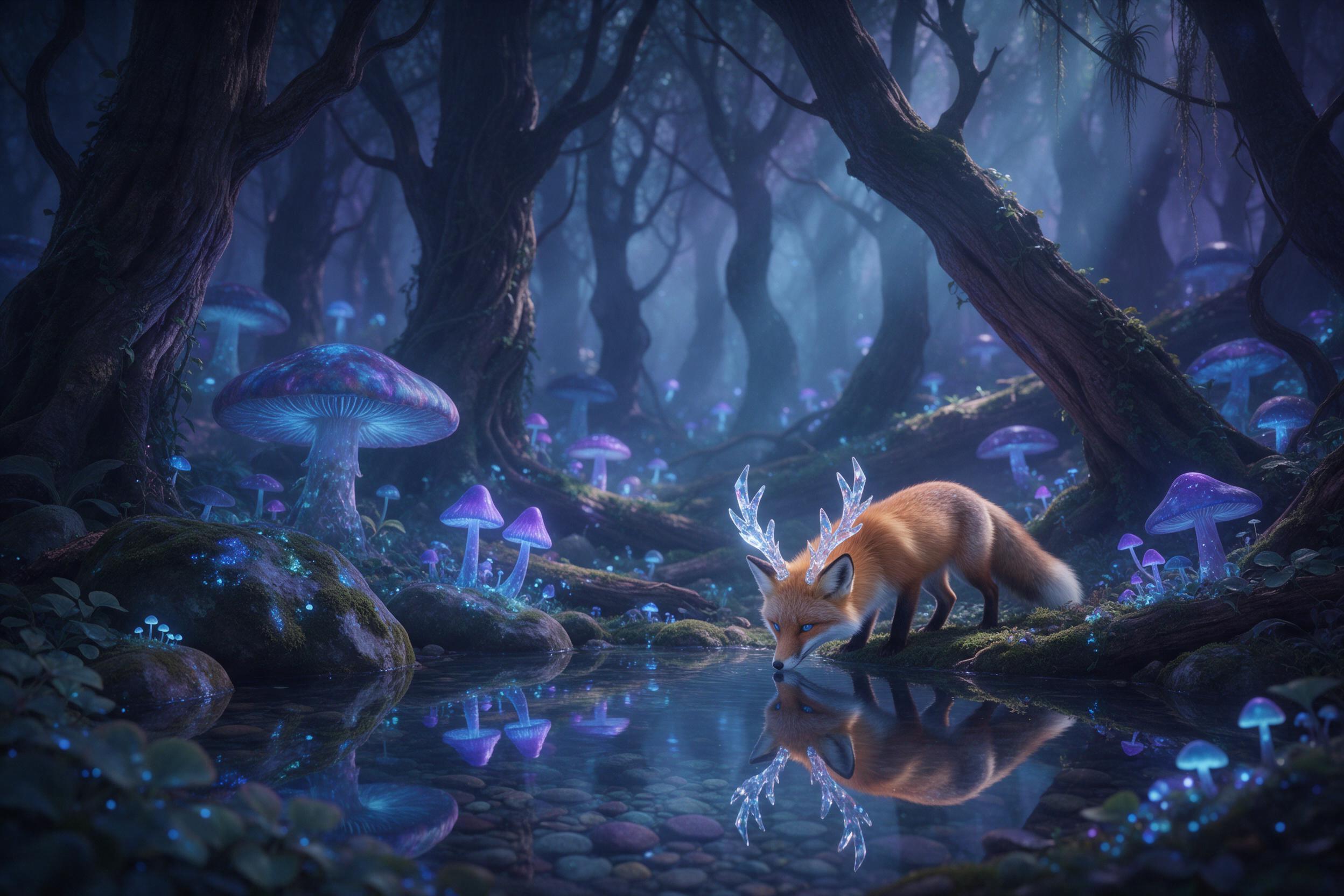 An ancient glowing forest with giant bioluminescent mushrooms casting blue and violet light onto mossy ground, a small fox with crystalline antlers drinks from a mirror-clear pond, mist trails between gnarled trees, soft volumetric god rays pierce the canopy, dreamy ethereal atmosphere, muted natura