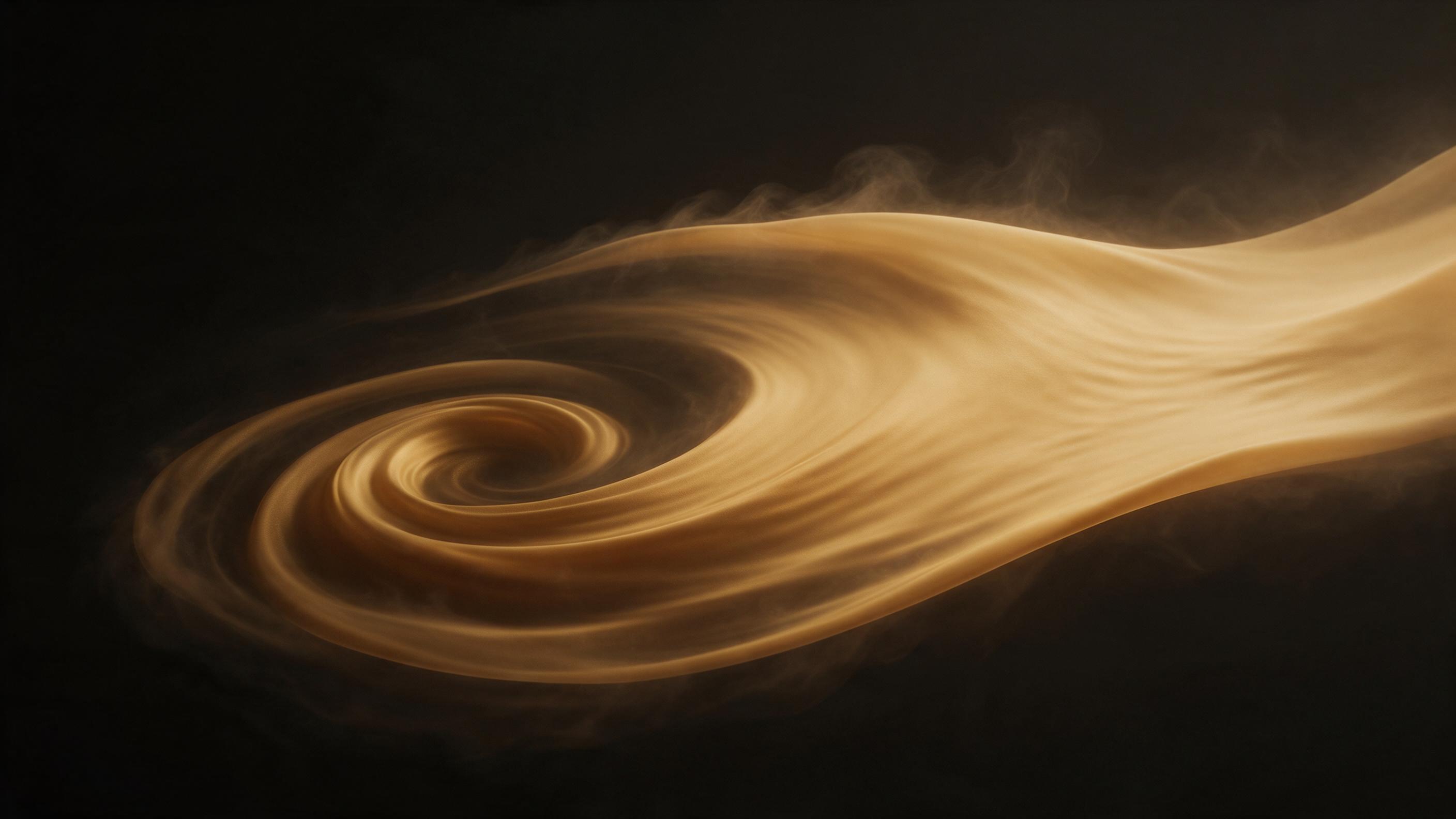 Minimalist abstract composition: flowing golden liquid swirling through deep black void, soft matte texture, subtle ripples catching warm amber light, faint smoke trails, clean negative space, gentle contrasts, no sharp edges, cinematic wide shot, moody atmosphere