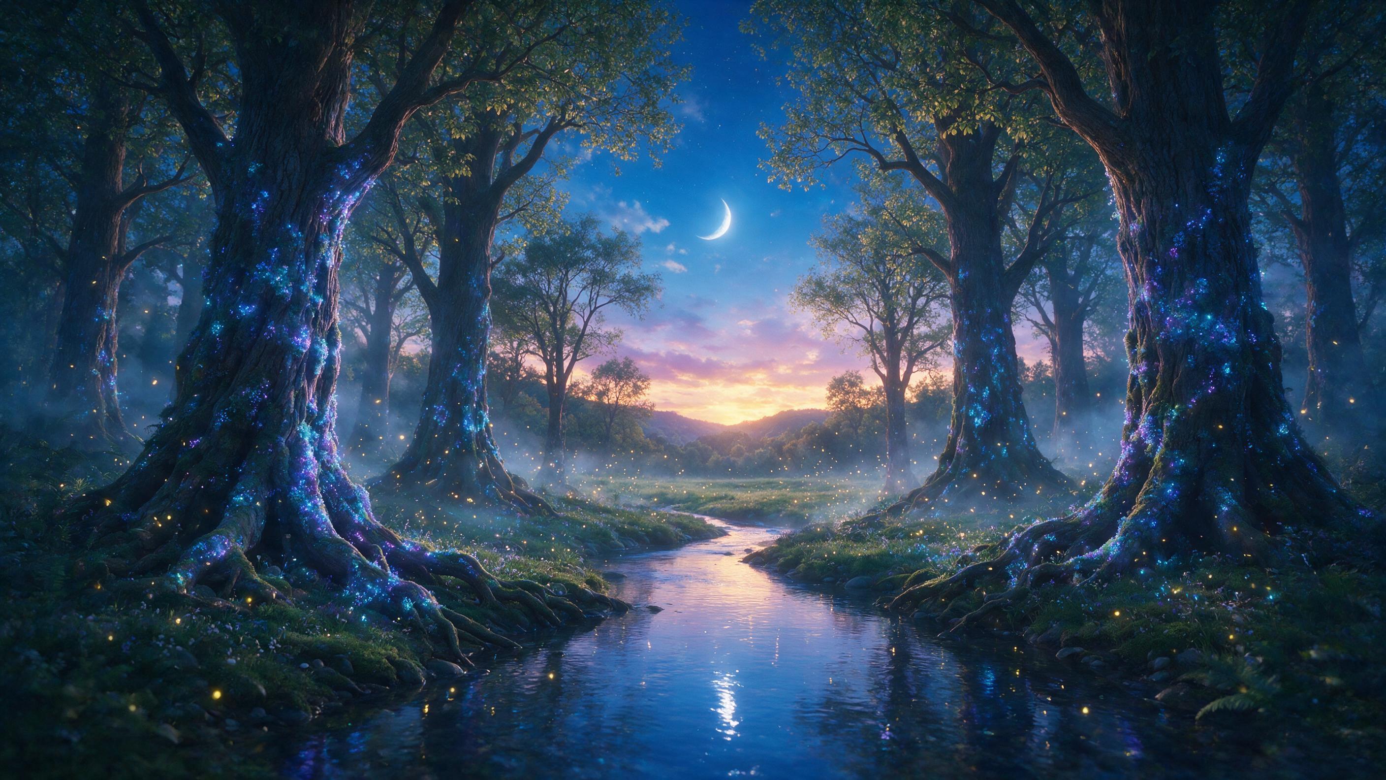 A luminous forest at twilight, where ancient trees glow with bioluminescent blue and purple moss, a gentle stream reflects the moonlight, scattered fireflies dance in the air, soft mist weaves through the scene, ethereal and quiet, composed with a cinematic wide-angle lens, natural lighting, slight 