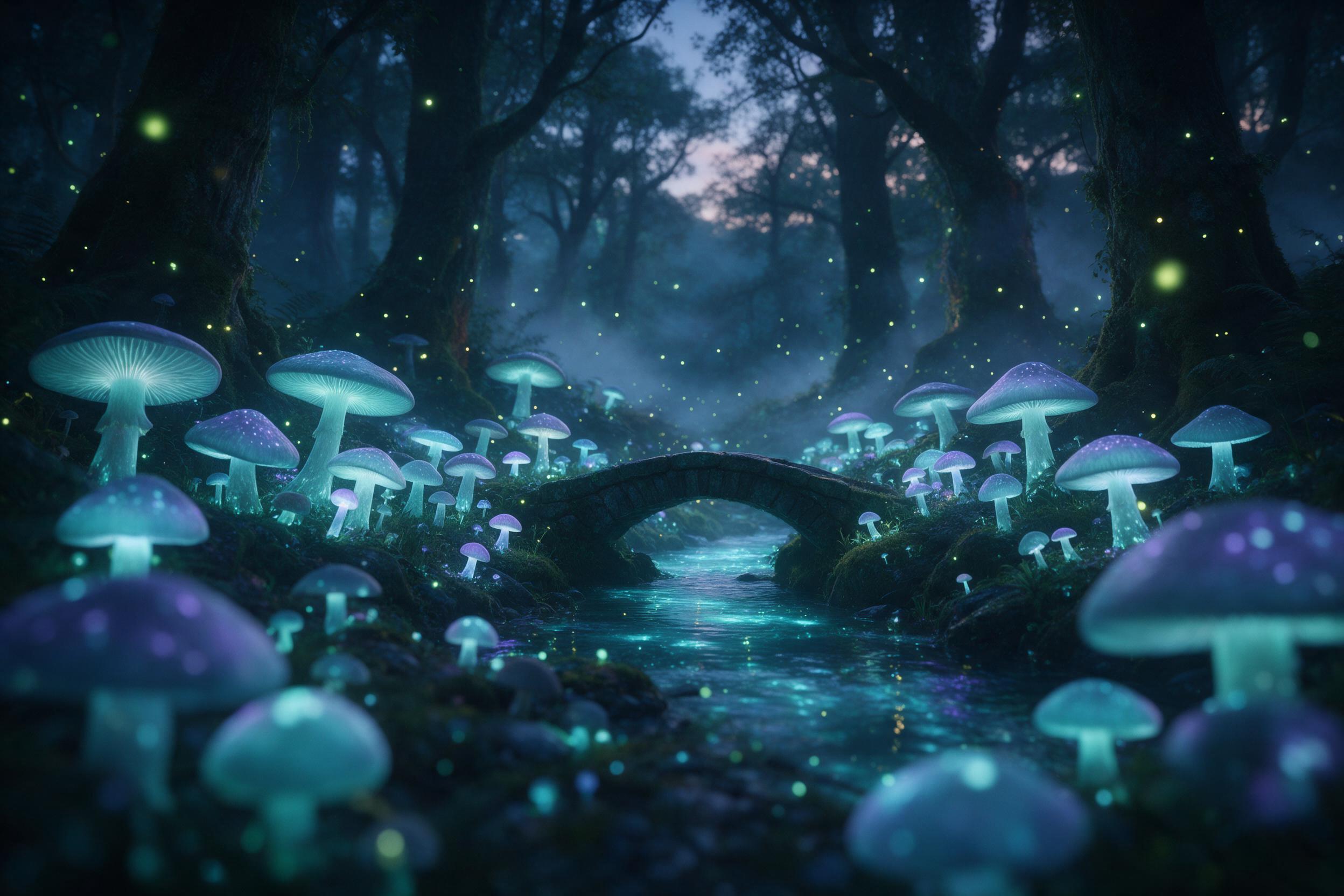 An ancient forest at twilight, giant bioluminescent mushrooms casting soft teal and violet light, a small stone bridge over a glowing stream, mist weaving between mossy trees, ethereal fireflies drifting, dreamy atmosphere, soft focus foreground, natural light from the mushrooms