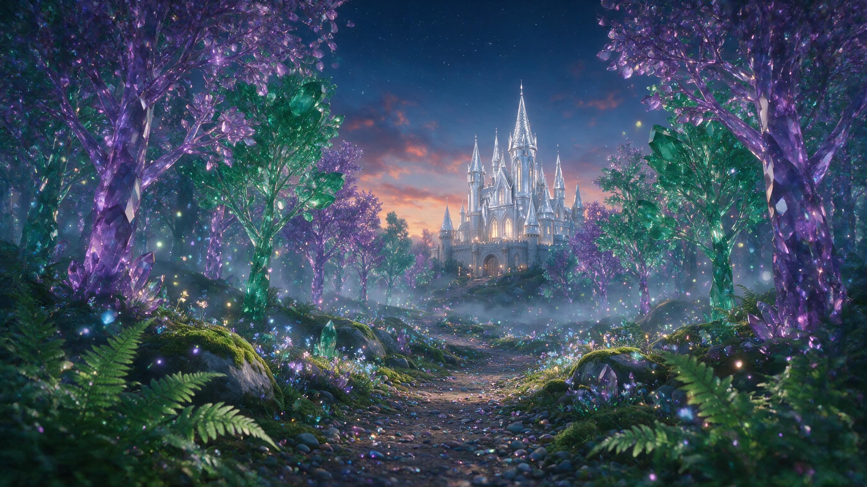 A glowing crystalline forest at twilight, trees made of translucent amethyst and emerald, soft bioluminescent spores drifting, a winding path leading to a distant silver castle, misty air, ethereal blue and violet lighting, cinematic composition, sharp focus on foreground ferns, subtle depth of fiel
