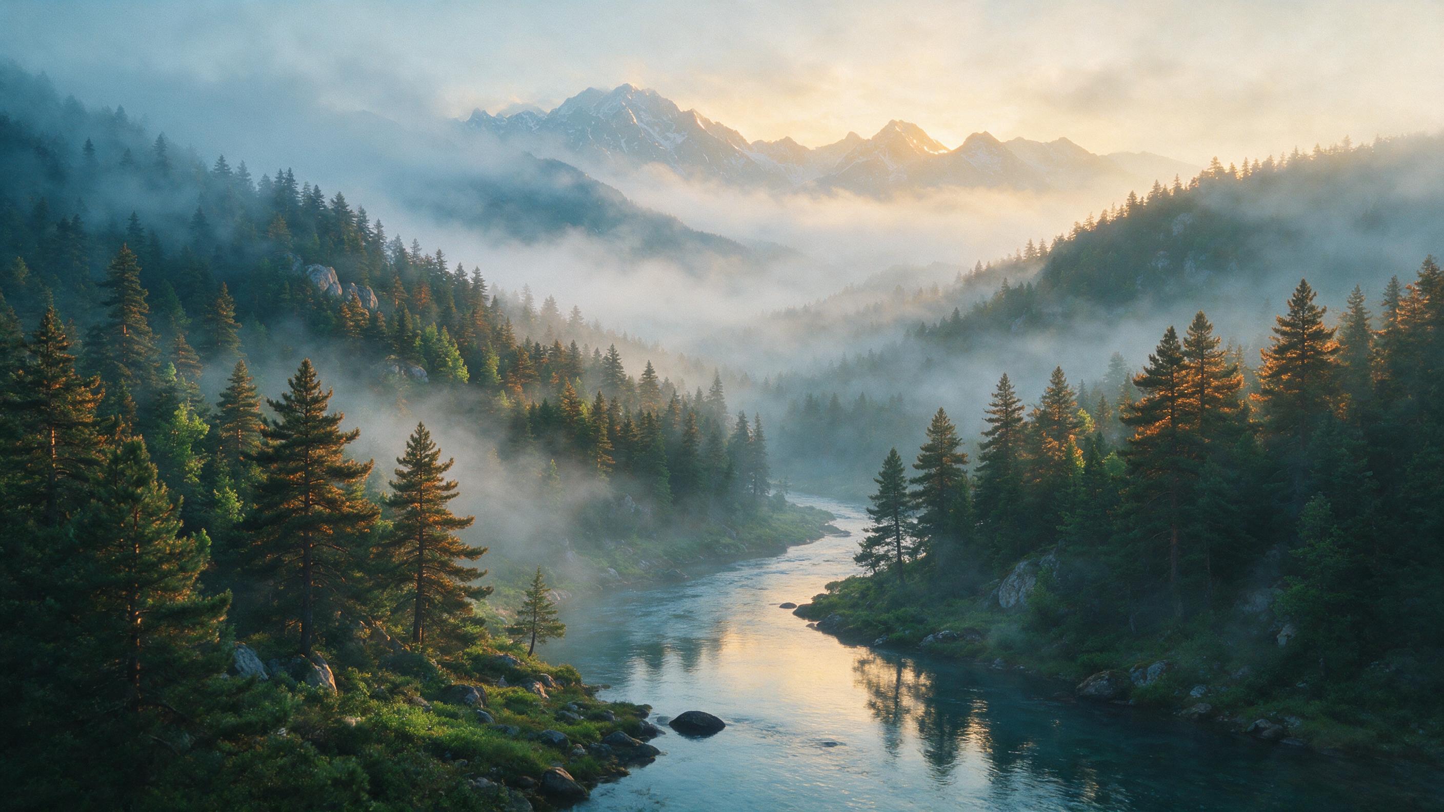A misty mountain valley at dawn, soft golden light piercing through fog, layered pine forests fading into deep blue haze, a winding river reflecting the warm sky, fine grain texture, natural atmospheric perspective
