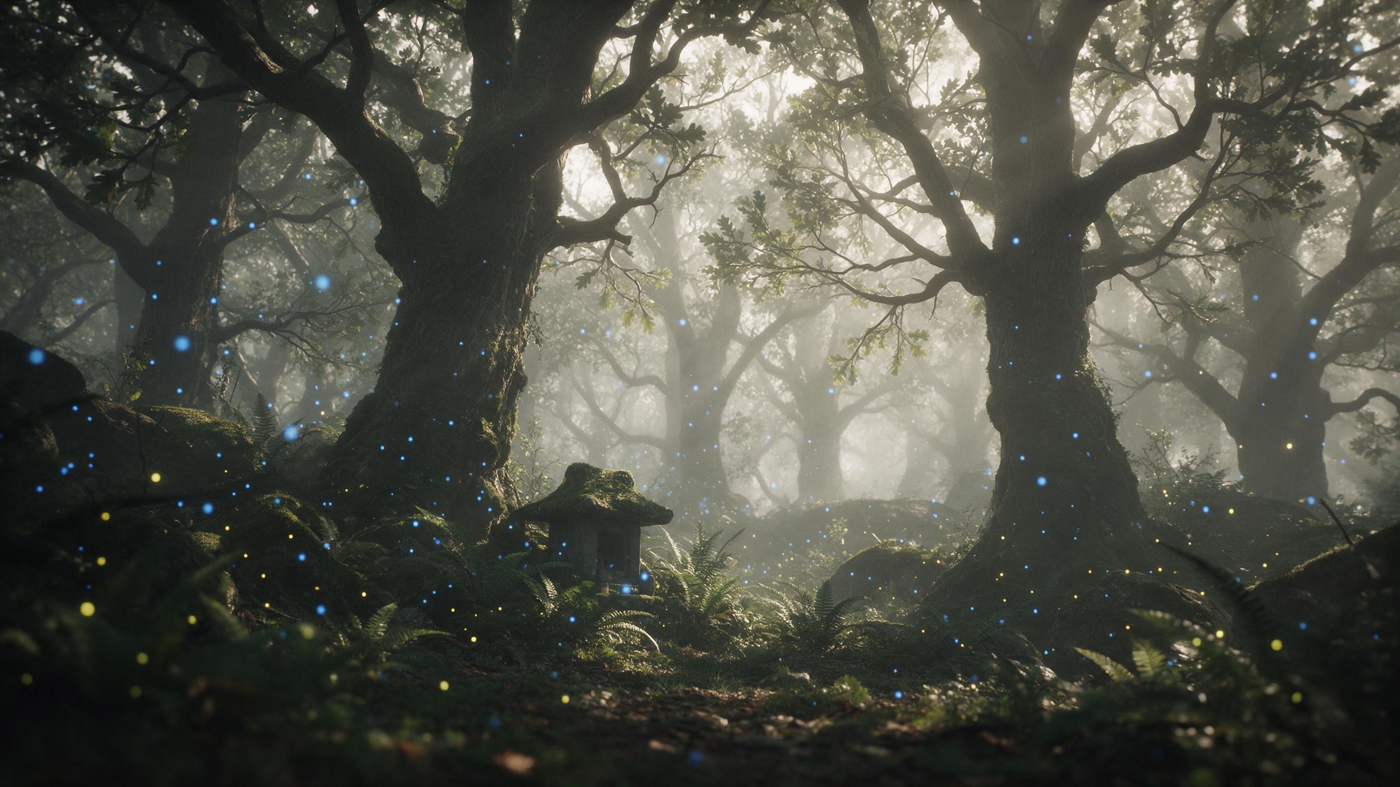 A misty ancient forest at dawn, towering moss-covered oaks with glowing blue spores drifting in the air, a small stone shrine half-hidden by ferns, soft god rays piercing the canopy, fireflies accenting the scene, muted earthy tones with ethereal luminance, shallow depth of field, sense of quiet won