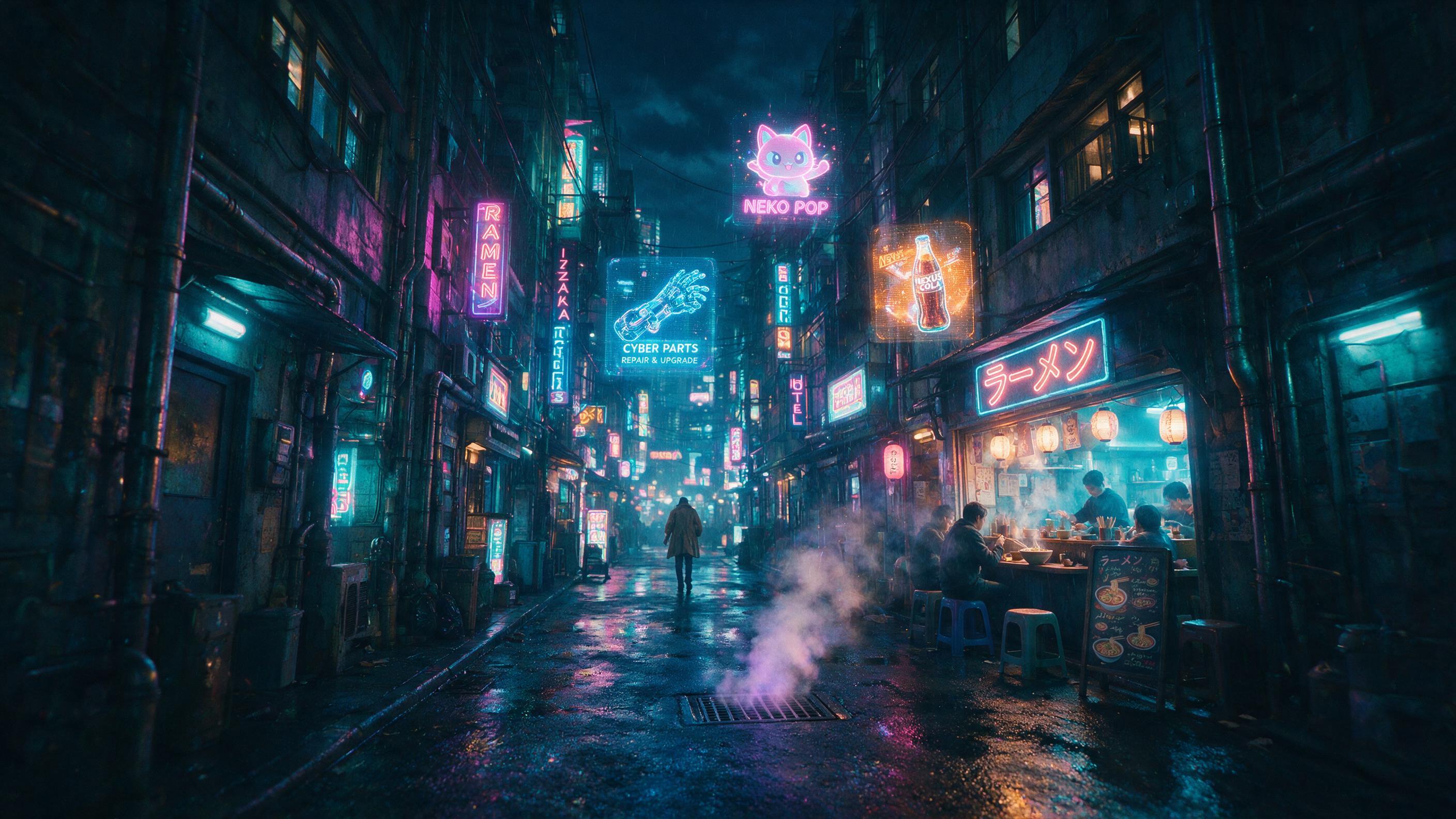 A neon-lit cyberpunk alleyway at midnight, rain-slicked asphalt reflecting holographic advertisements, steam rising from a ventilation grate, a lone figure in a trench coat walks away, soft blue and pink light spills from a noodle shop, subtle film grain, slight motion blur