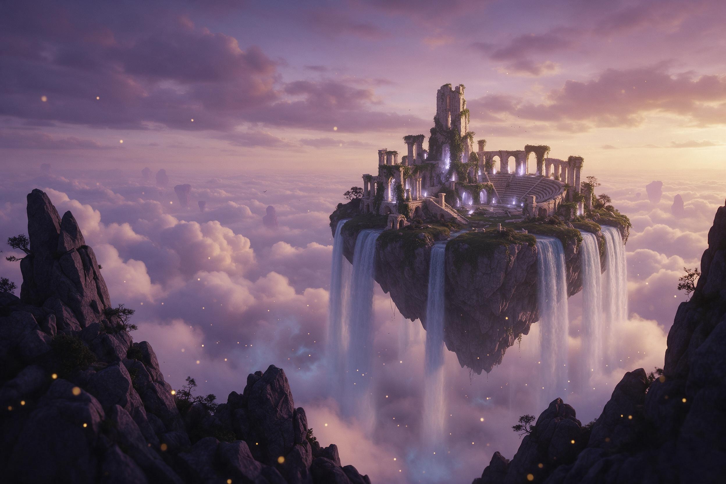 A luminous floating island at dusk, ancient glowing ruins with ivy, waterfalls cascading into mist below, golden magical particles drifting in air, soft twilight palette of purple and amber, cinematic composition with foreground rock silhouettes, ethereal glow from the ruins
