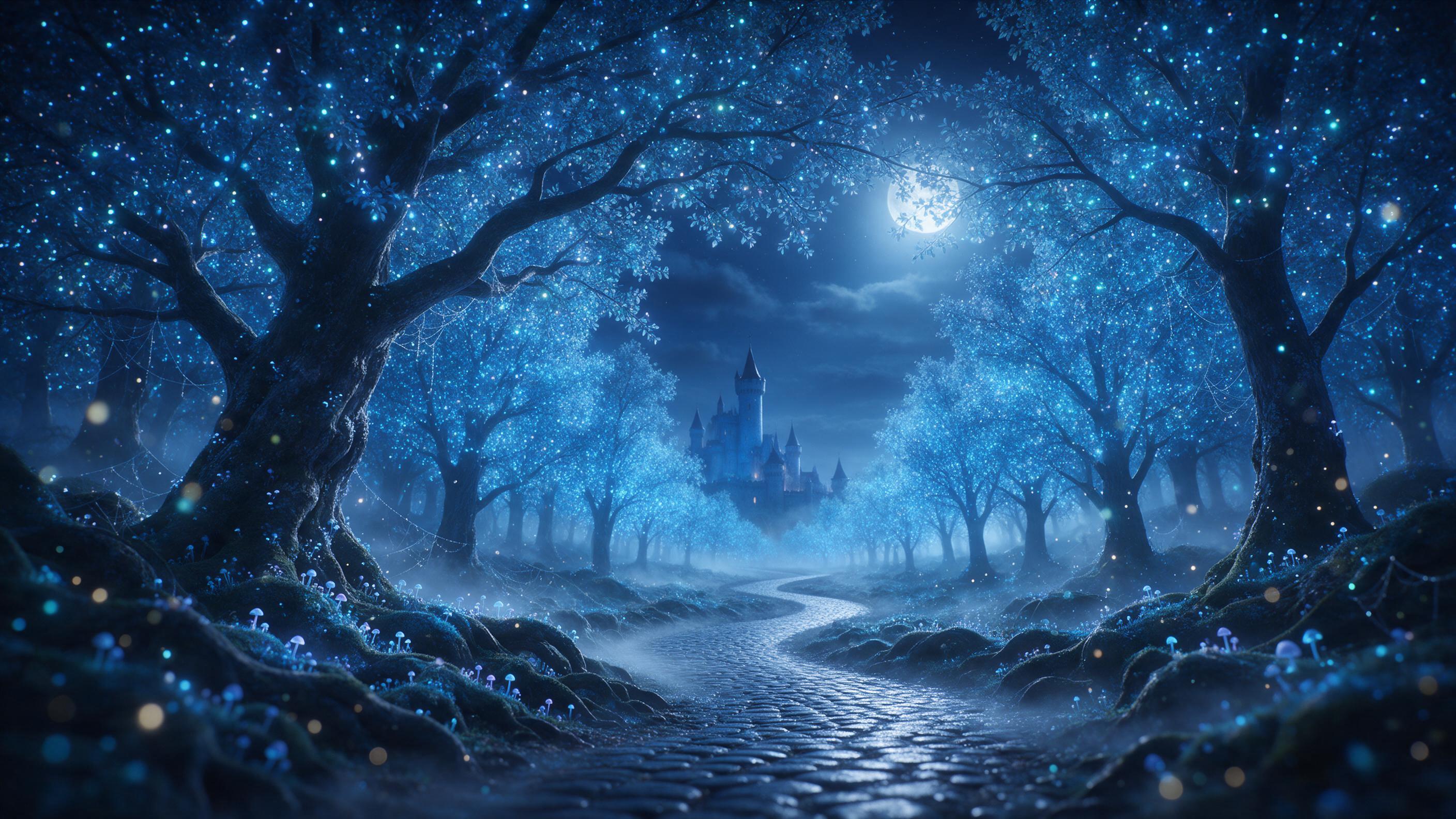 A moonlit enchanted forest with towering, glowing blue trees, their leaves shimmering like teal fireflies. A silver winding path leads to a distant, misty castle. Soft fog, dappled moonlight, gentle ethereal glow. Composition: low angle, deep perspective, tranquil atmosphere.