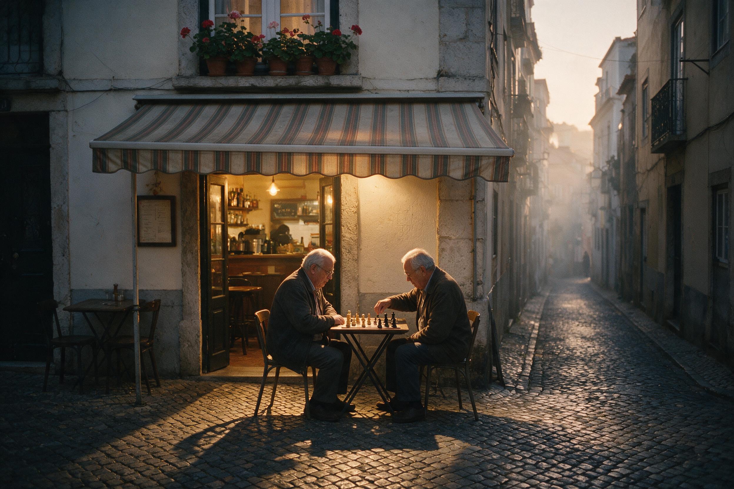 A narrow cobblestone alley in Lisbon at dusk, warm yellow light spilling from a small café, two elderly men playing chess under a striped awning, potted geraniums on windowsills above, soft haze and long shadows, shot on 35mm film with slight grain.