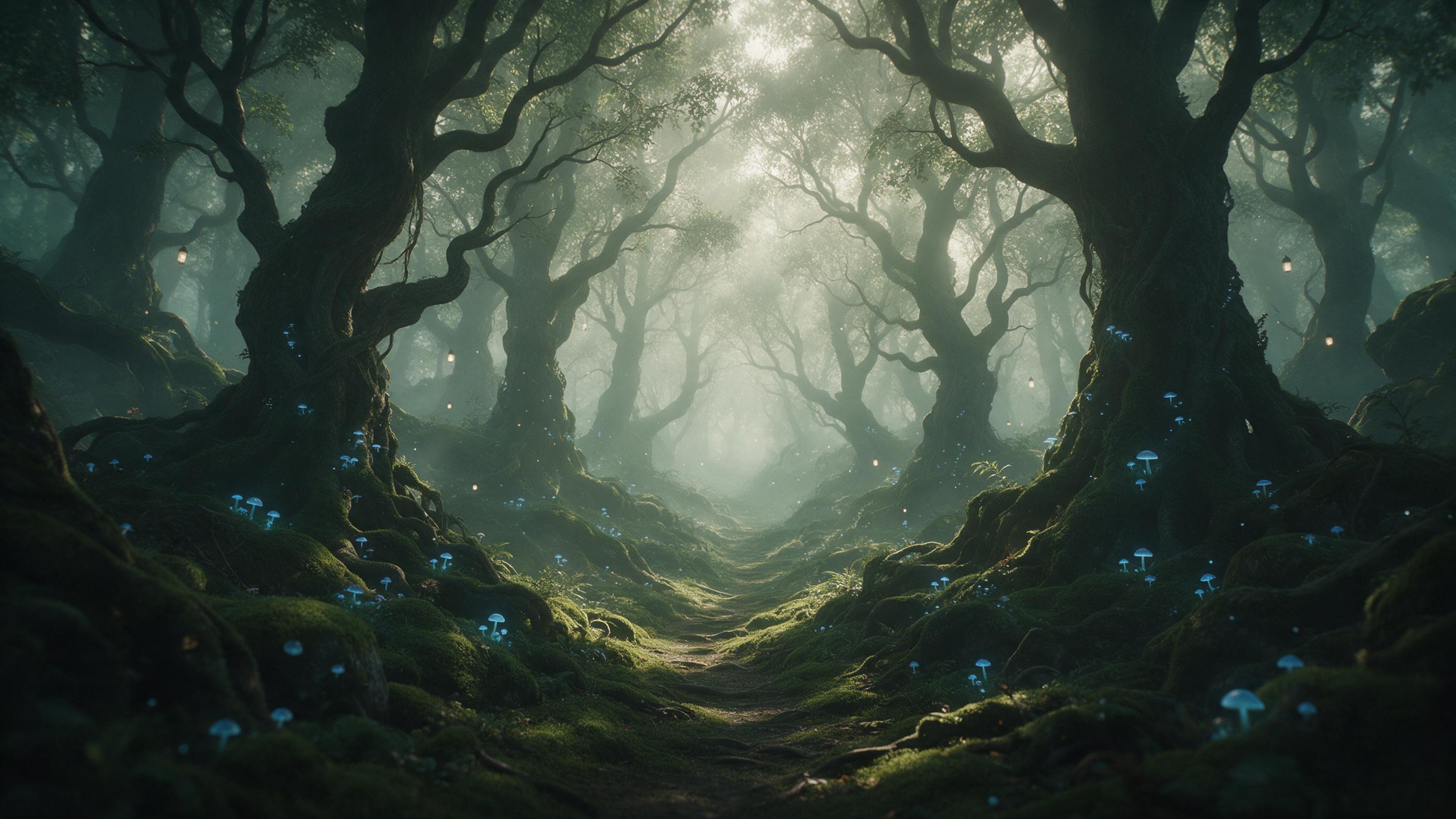 A misty enchanted forest at dawn, ancient twisted trees with glowing blue mushrooms, a narrow winding path overgrown with moss, ethereal light rays piercing through the canopy, small floating lanterns drifting in the air, serene and mysterious atmosphere, soft fog, muted greens and teals, cinematic 