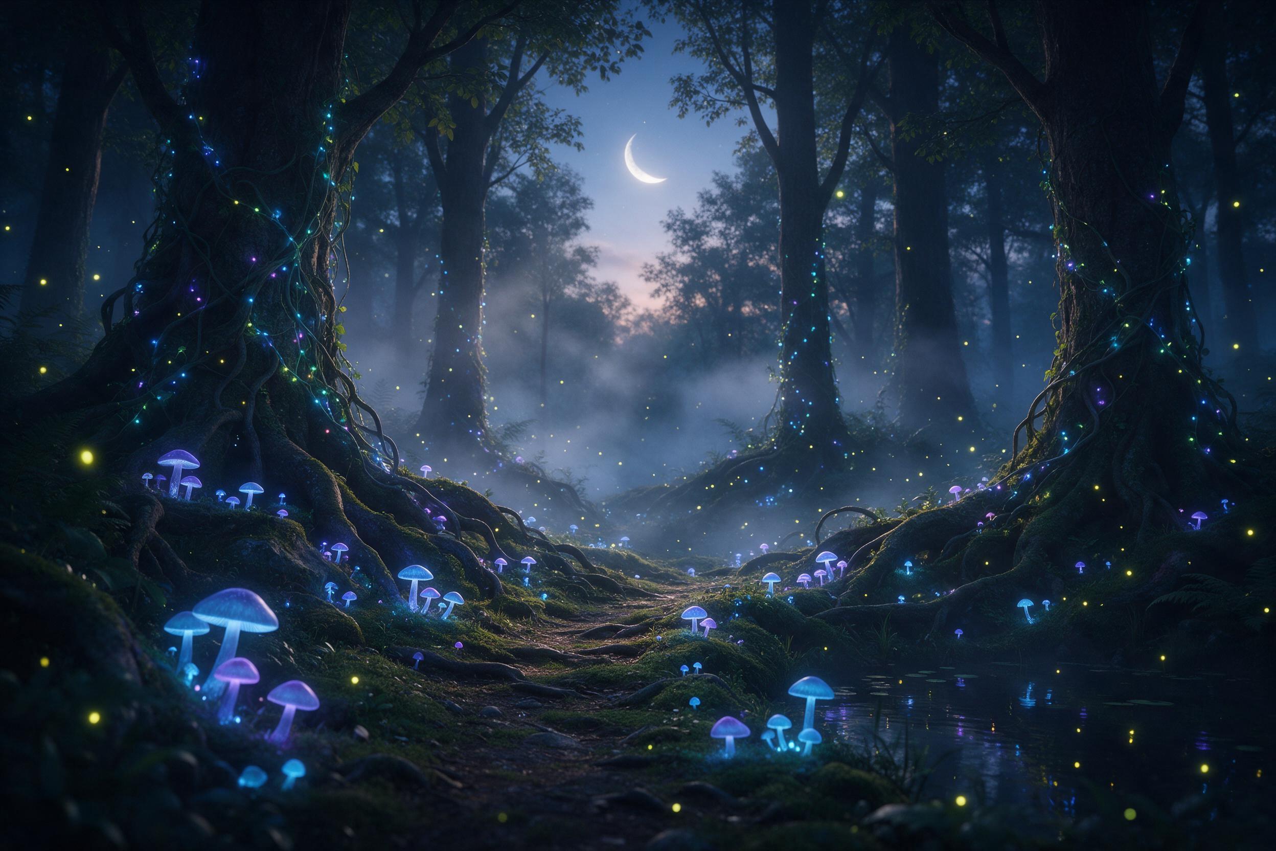 An enchanted forest at twilight, bioluminescent mushrooms glowing blue and purple along a mossy path, ancient tree roots entwined with glowing vines, fog weaving between trunks, soft dappled light from a crescent moon overhead, ethereal fireflies floating, water reflections in a small pond, slightly