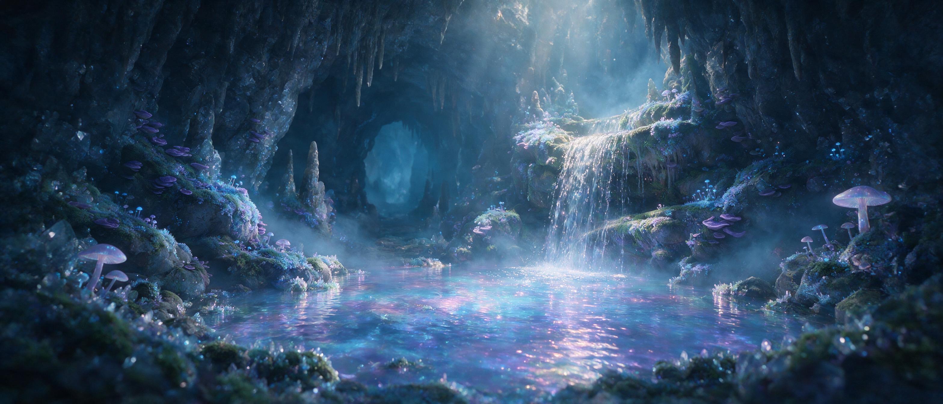 A luminous crystal cave deep underground, bioluminescent moss and fungi glow in soft blue and purple hues, a small waterfall cascades into a glowing pool, scattered light rays from above, misty atmosphere, ethereal and serene, cinematic composition