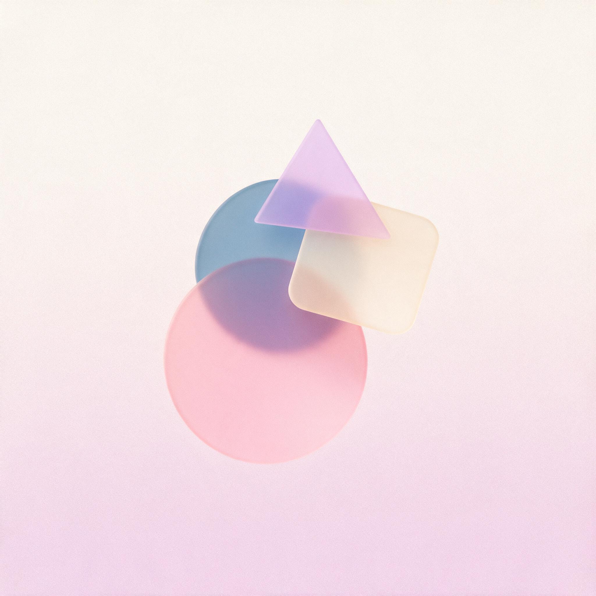 A minimalist composition of overlapping translucent geometric shapes in muted pastel tones, soft gradient background, slight grain texture, diffused studio lighting, shallow depth of field, centered composition with negative space