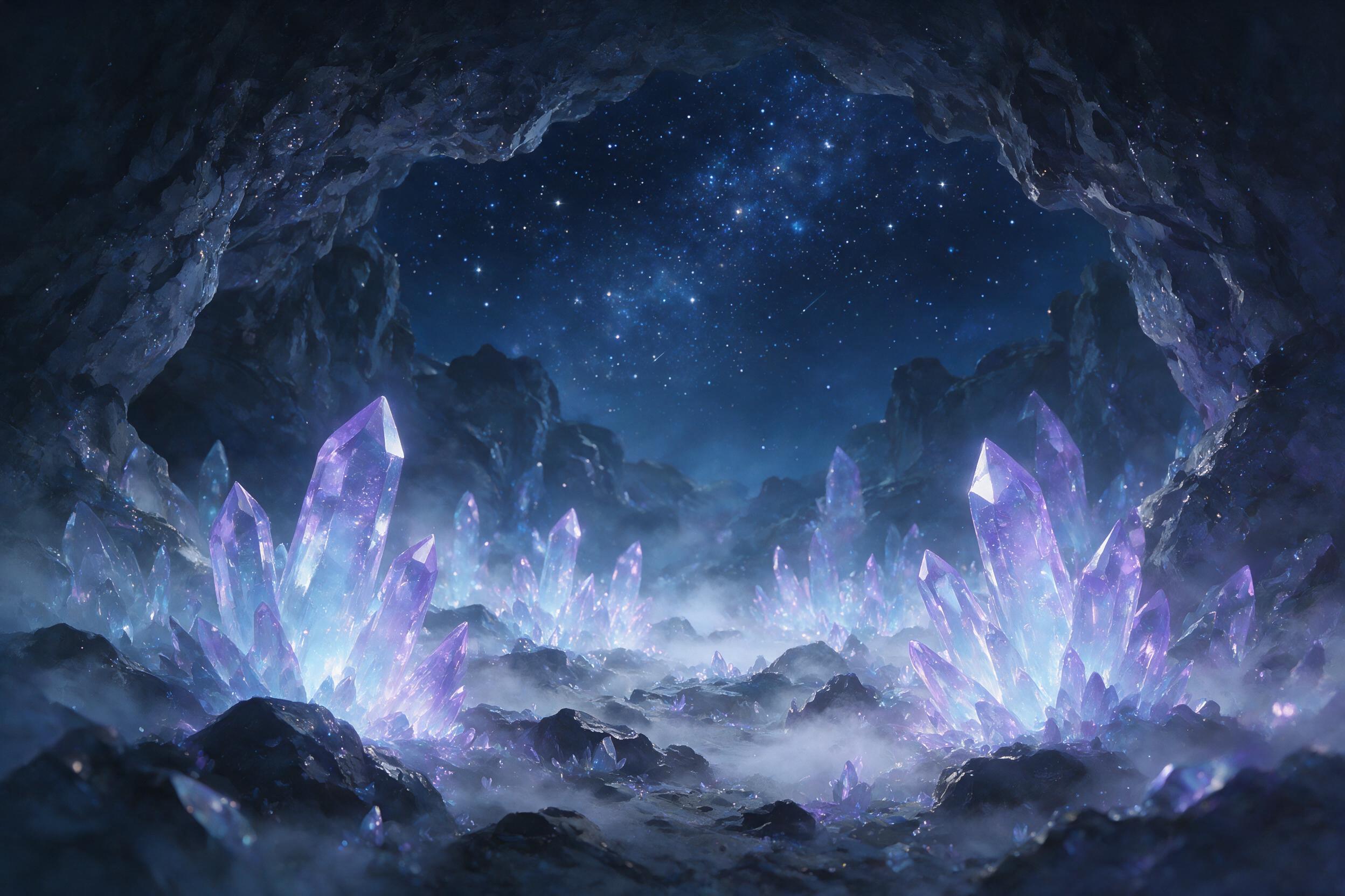 A luminous crystal cave beneath a starry night sky, glowing blue and purple crystals rise from the ground, a gentle mist swirls around, soft bioluminescent light, shallow depth of field, dreamlike atmosphere, digital painting style.