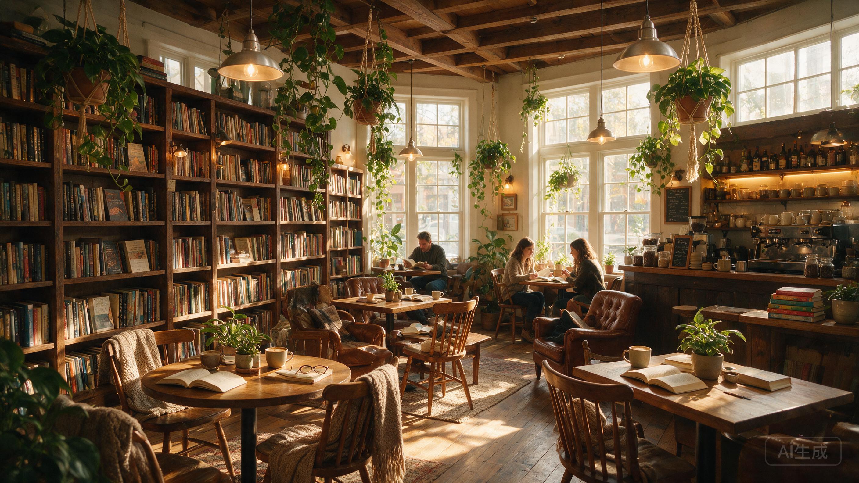 Cozy bookstore cafe interior, warm wood tones, afternoon sunlight through windows, plants hanging, hygge atmosphere