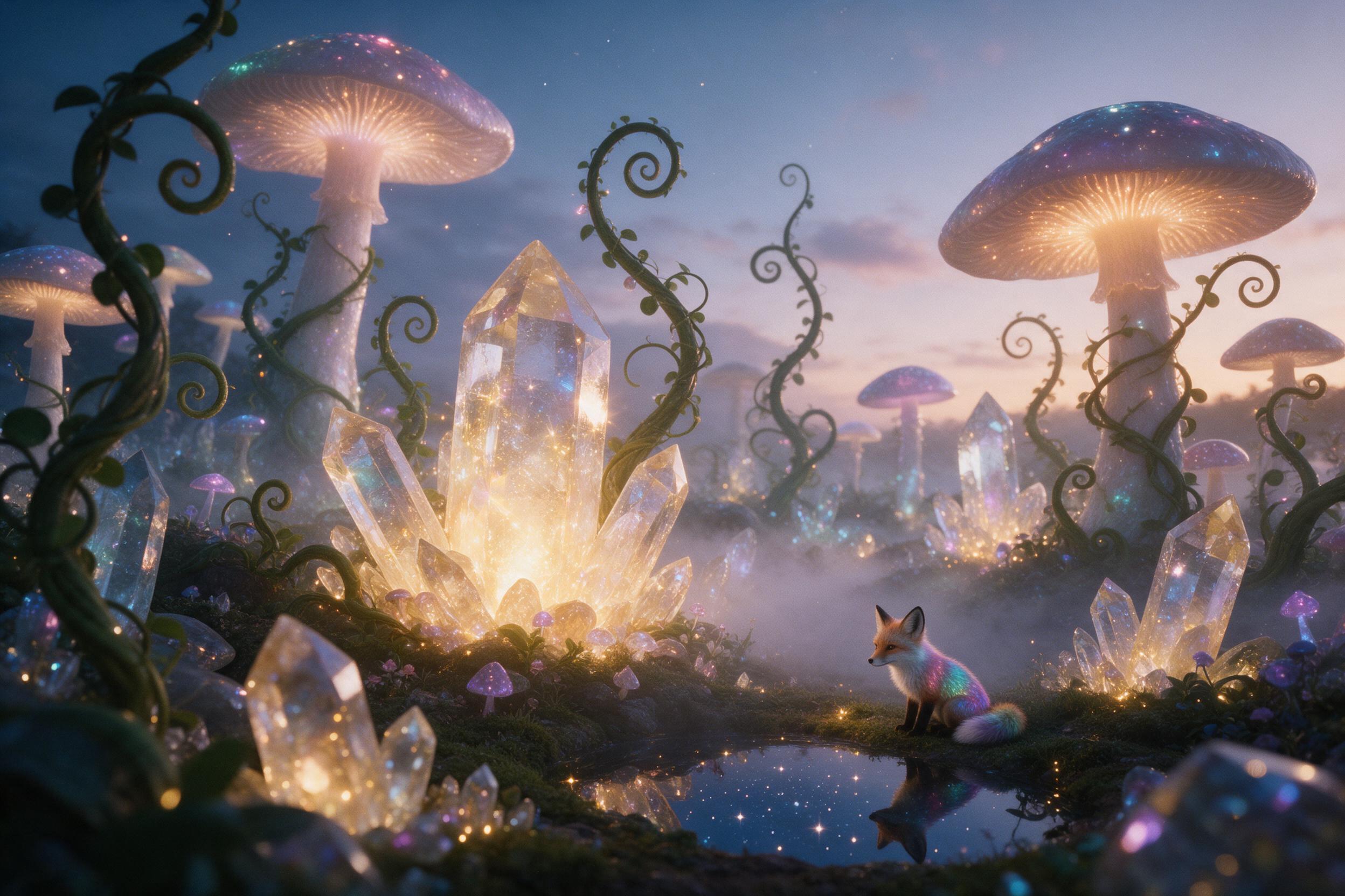 A bioluminescent crystal garden at twilight, giant glowing mushrooms and spiraling vines, a small fox with iridescent fur sitting by a tiny pond reflecting the stars, soft mist, warm golden light from the crystals, shot on 35mm film, slight grain, dreamy atmosphere, no text